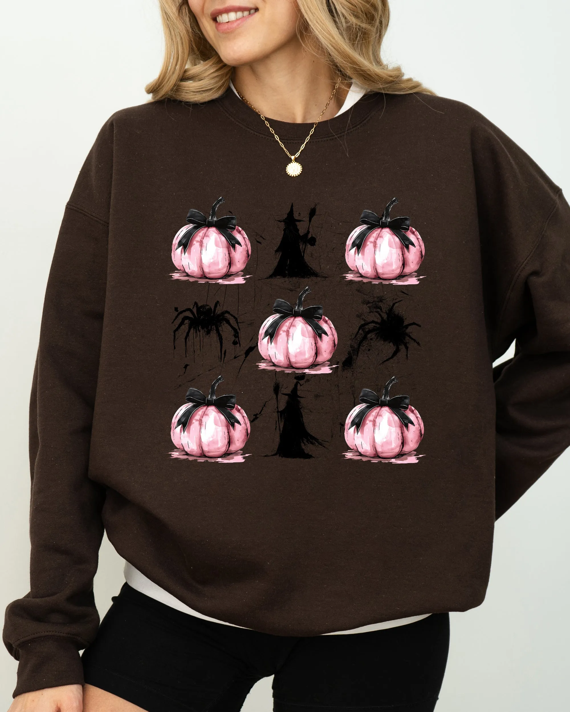 Witch, Spiders, Pumpkins, Spooky Coquette Ribbons and Bows, Halloween, Autumn, Fall Sweatshirt sold by Refinery Number One product image thumbnail 2