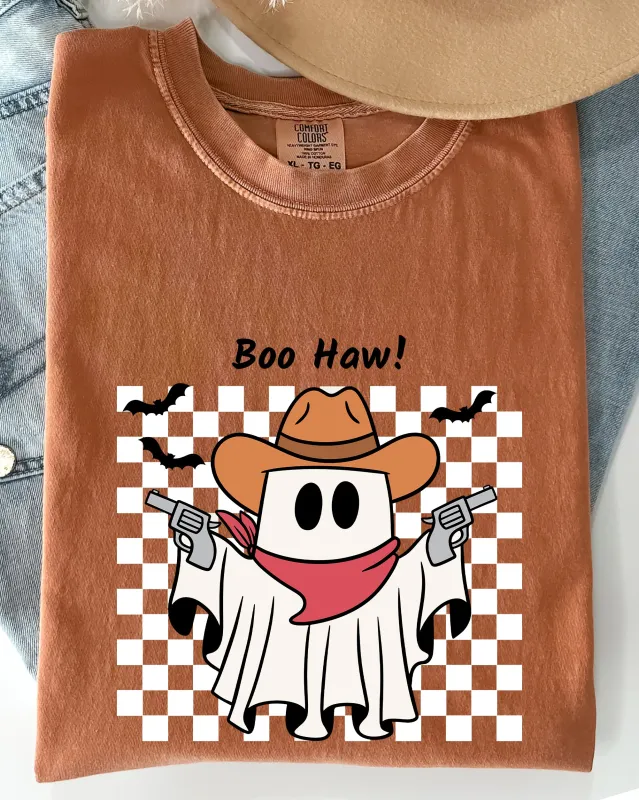 Boo Haw, Cowboy Ghost, Checkered, Western, Halloween Shirt Comfort Colors T-Shirt sold by Refinery Number One