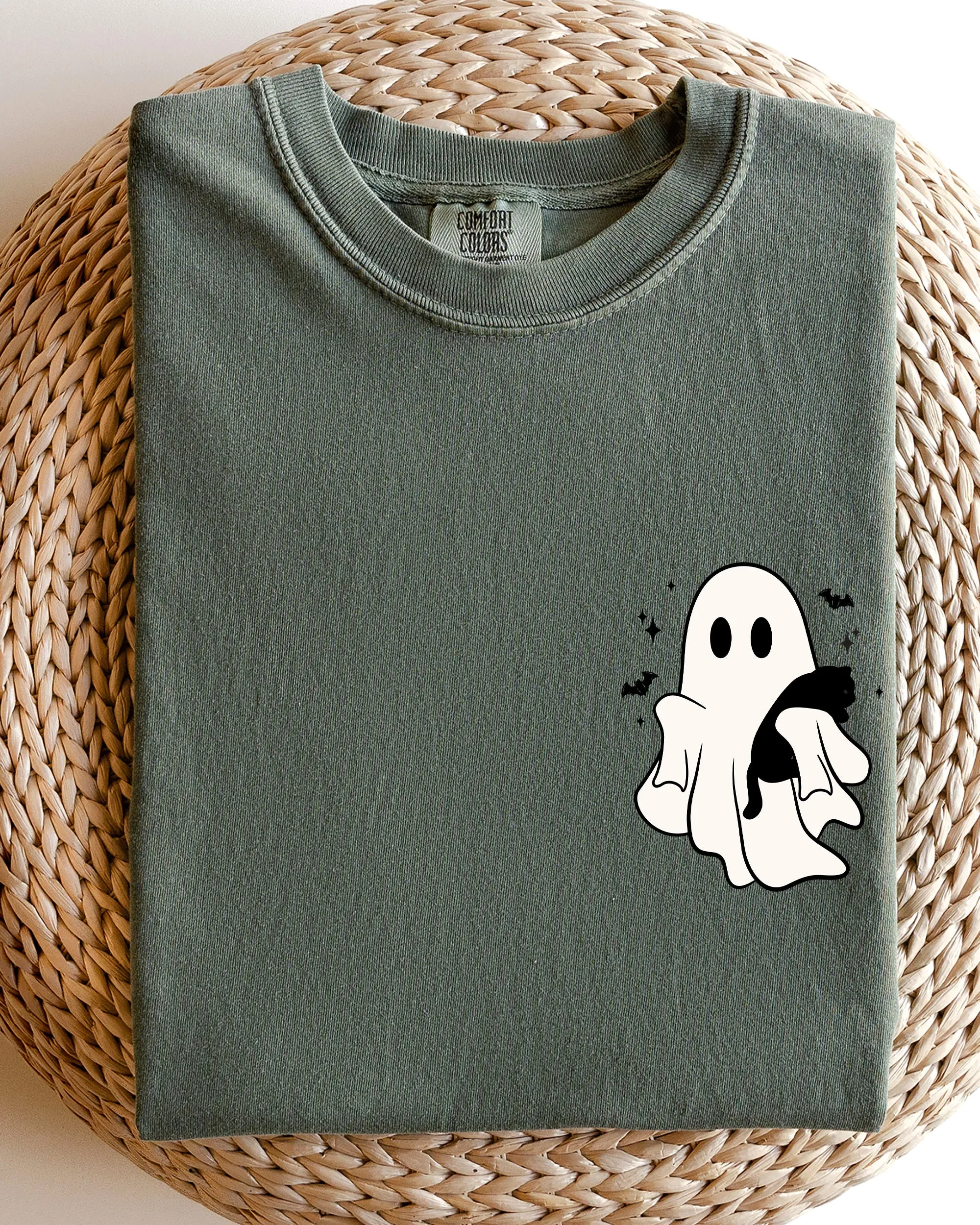 Cute Ghost With Cat, Pocket Print, Halloween, Black Cat, Witch Shirt Comfort Colors T-Shirt sold by Refinery Number One product image thumbnail 2