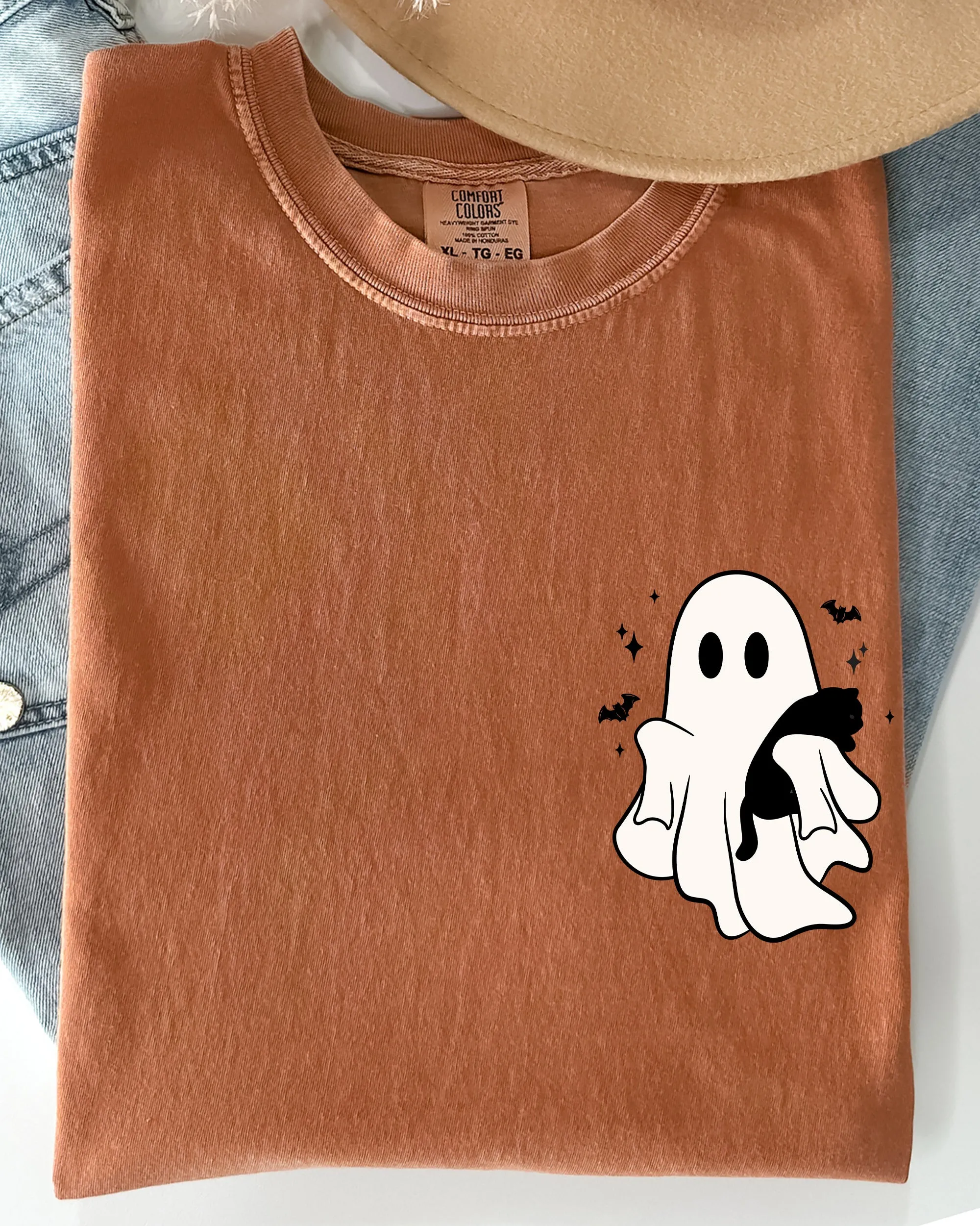 Cute Ghost With Cat, Pocket Print, Halloween, Black Cat, Witch Shirt Comfort Colors T-Shirt sold by Refinery Number One