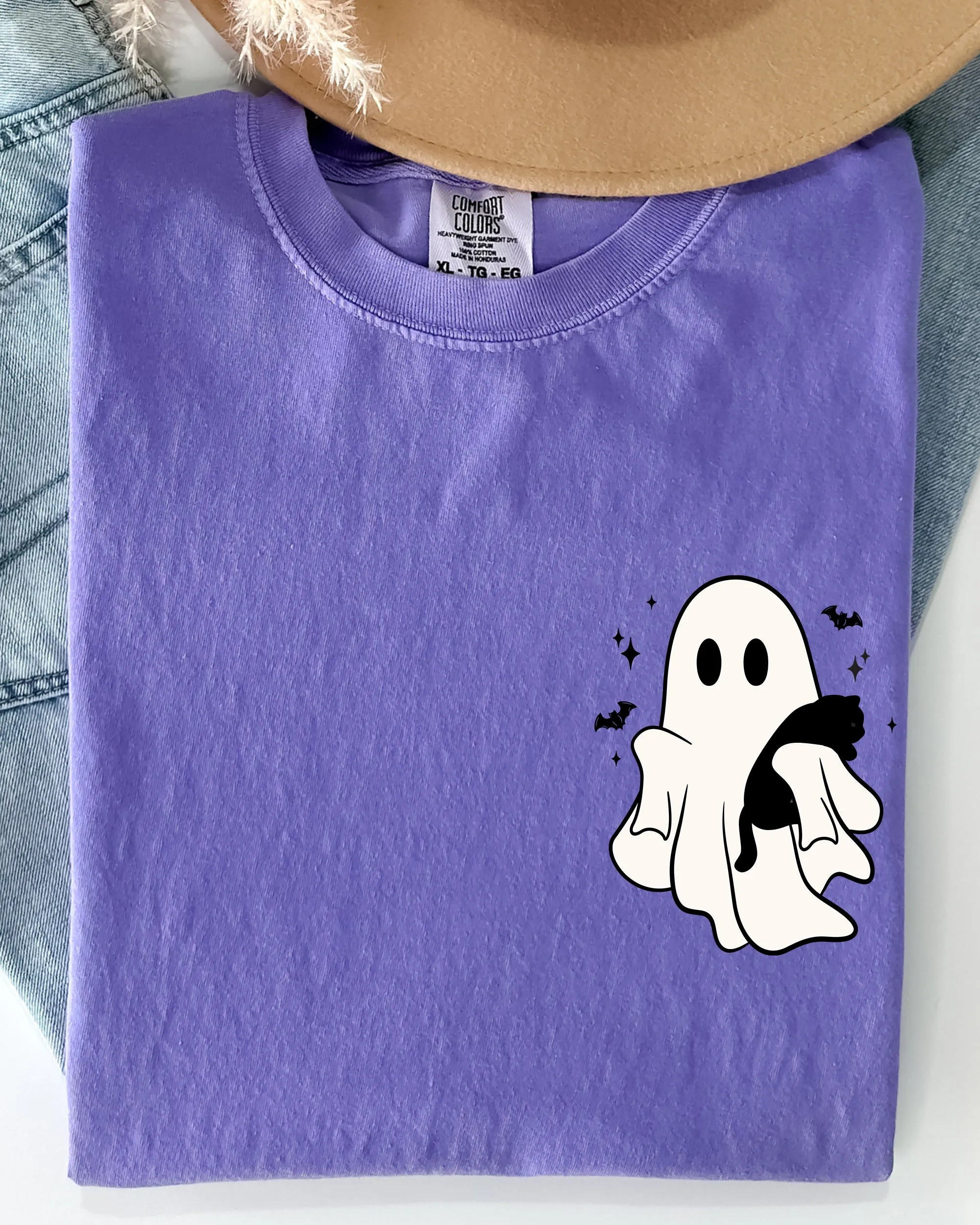 Cute Ghost With Cat, Pocket Print, Halloween, Black Cat, Witch Shirt Comfort Colors T-Shirt sold by Refinery Number One product image thumbnail 4