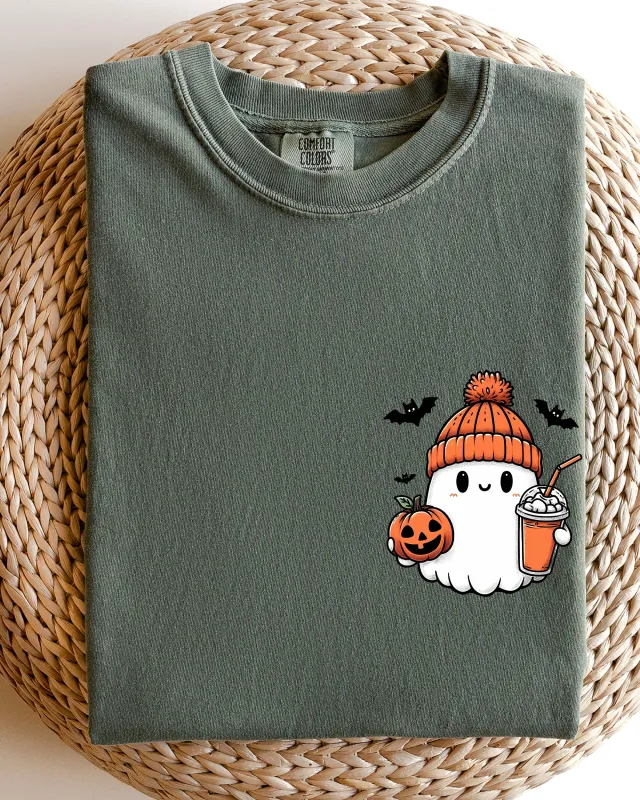 Cute Orange Ghost, Pocket Print, Halloween, Coffee, Bats Shirt Comfort Colors T-Shirt sold by Refinery Number One
