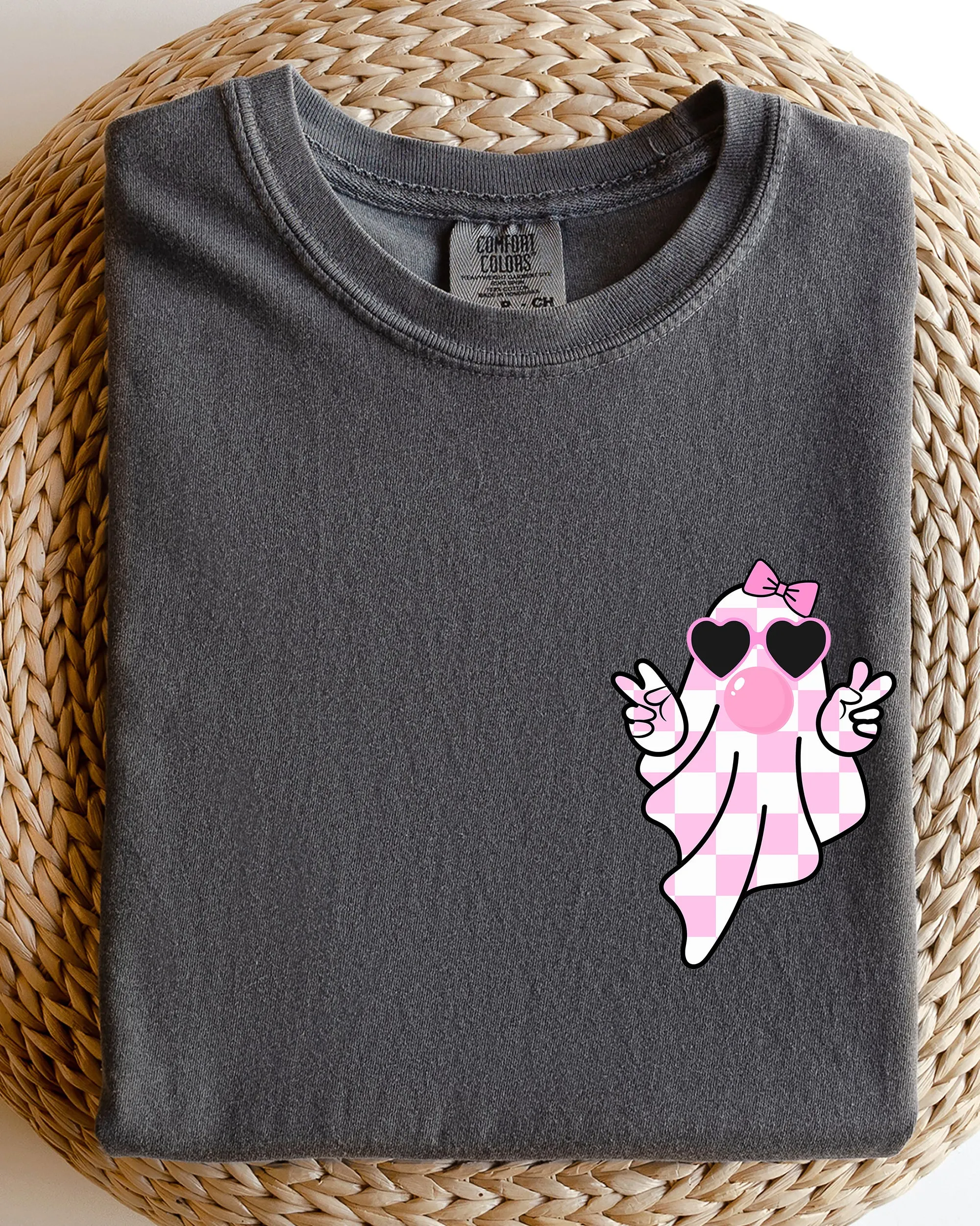 Cute Pink Bubblegum Ghost, Pocket print, Halloween, Peace, Bow, Ribbon Shirt Comfort Colors T-Shirt sold by Refinery Number One