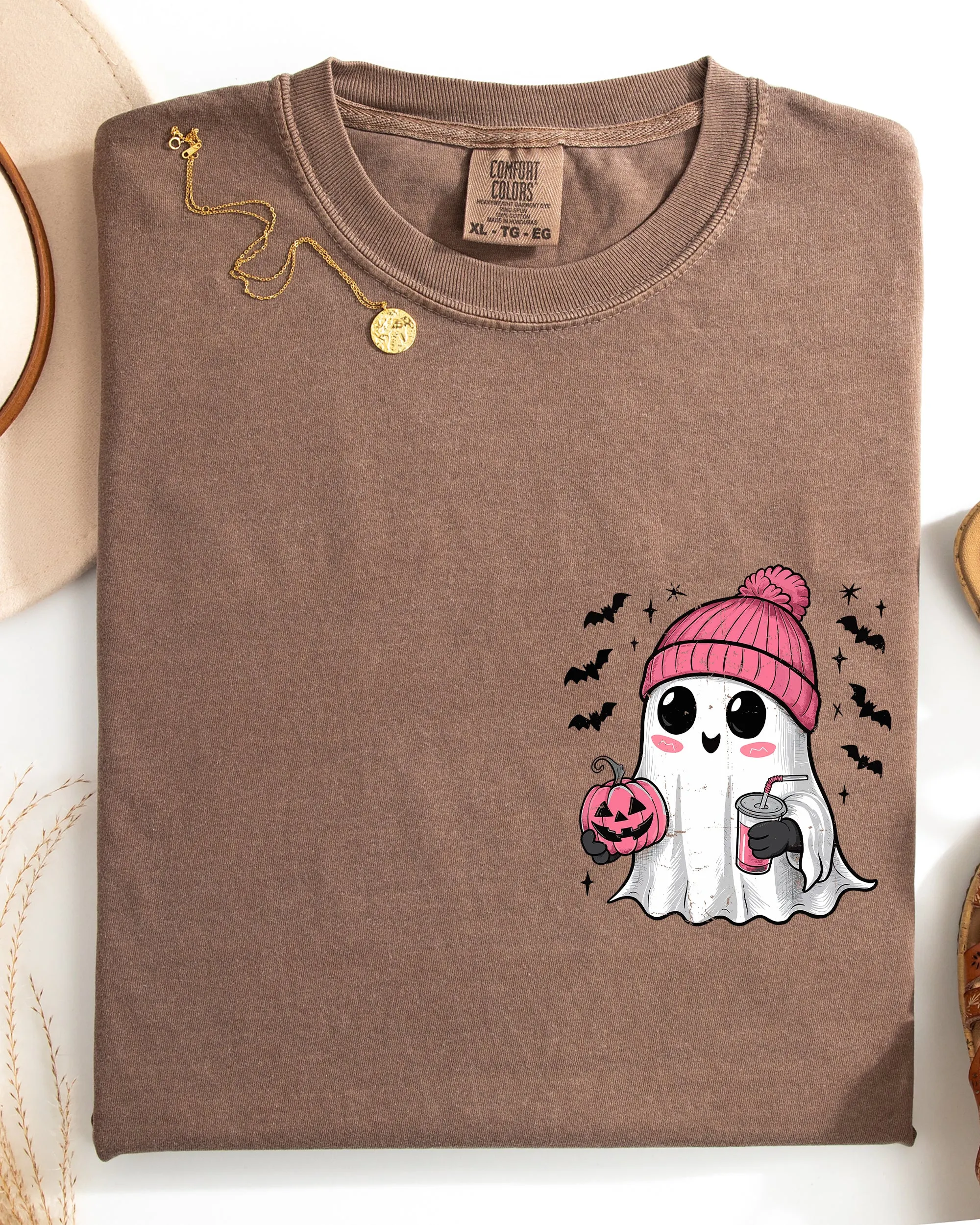 Cute Pink Ghost, Pocket Print, Halloween, Coffee, Bats Shirt Comfort Colors T-Shirt sold by Refinery Number One product image thumbnail 4