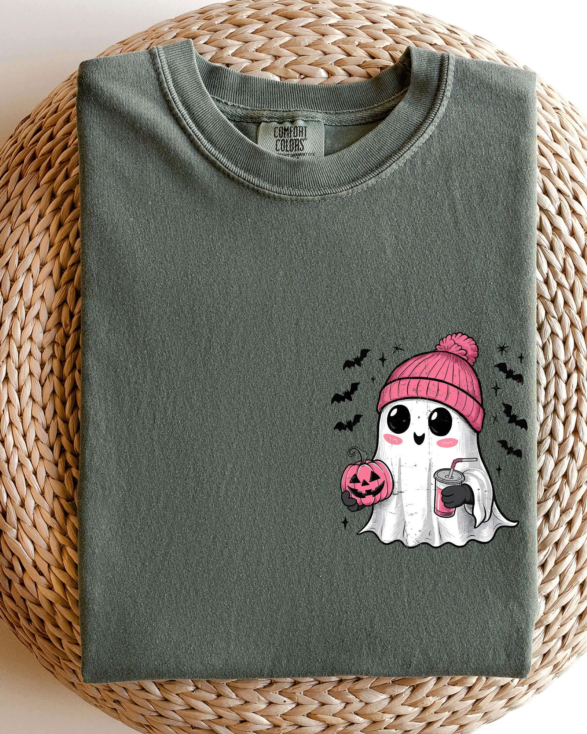 Cute Pink Ghost, Pocket Print, Halloween, Coffee, Bats Shirt Comfort Colors T-Shirt sold by Refinery Number One product image thumbnail 2