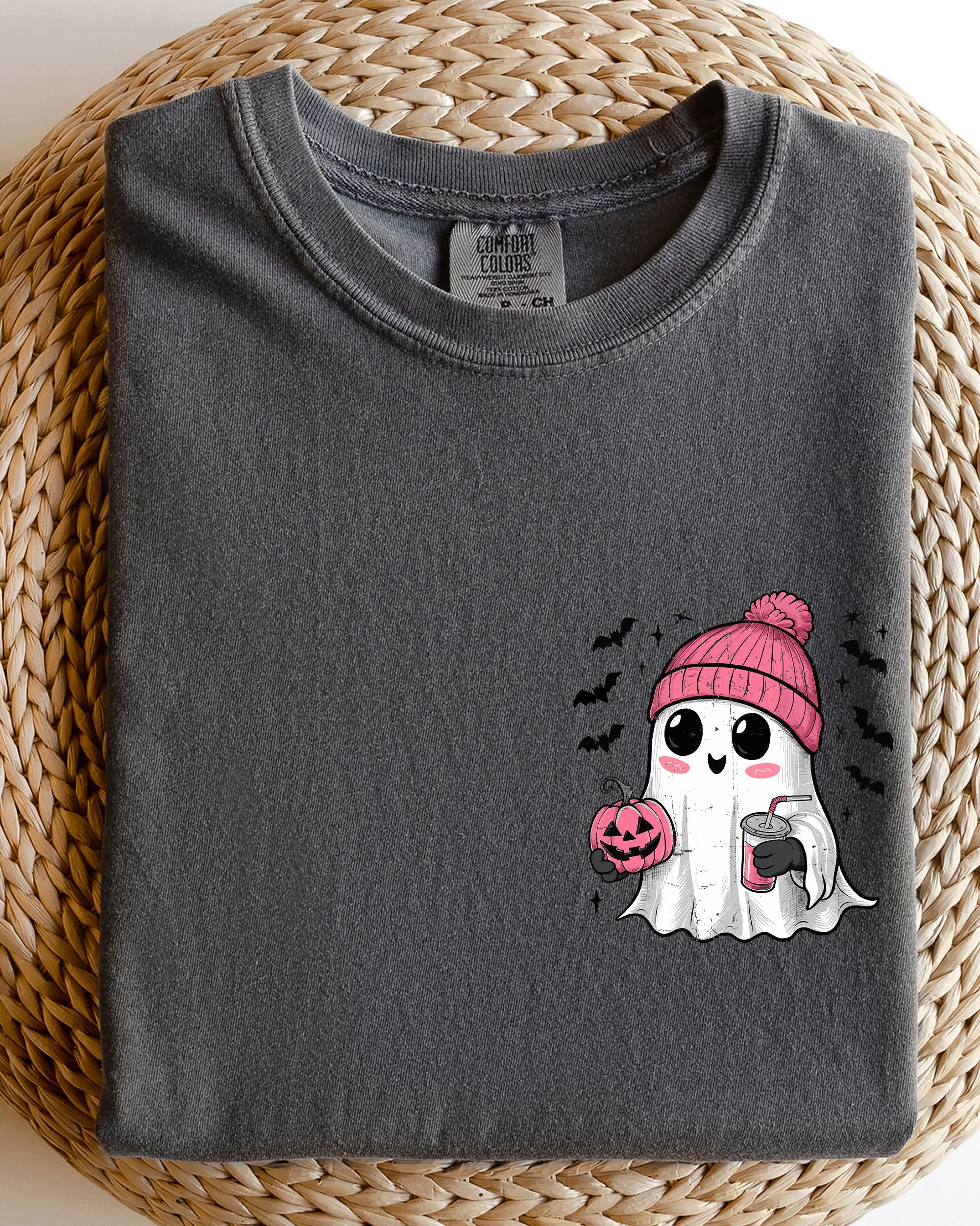 Cute Pink Ghost, Pocket Print, Halloween, Coffee, Bats Shirt Comfort Colors T-Shirt sold by Refinery Number One product image thumbnail 3