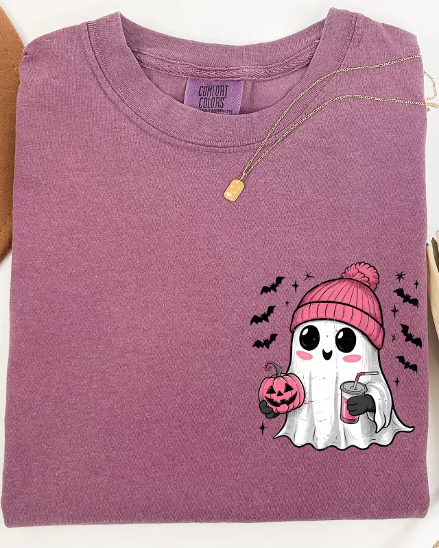 Cute Pink Ghost, Pocket Print, Halloween, Coffee, Bats Shirt Comfort Colors T-Shirt sold by Refinery Number One