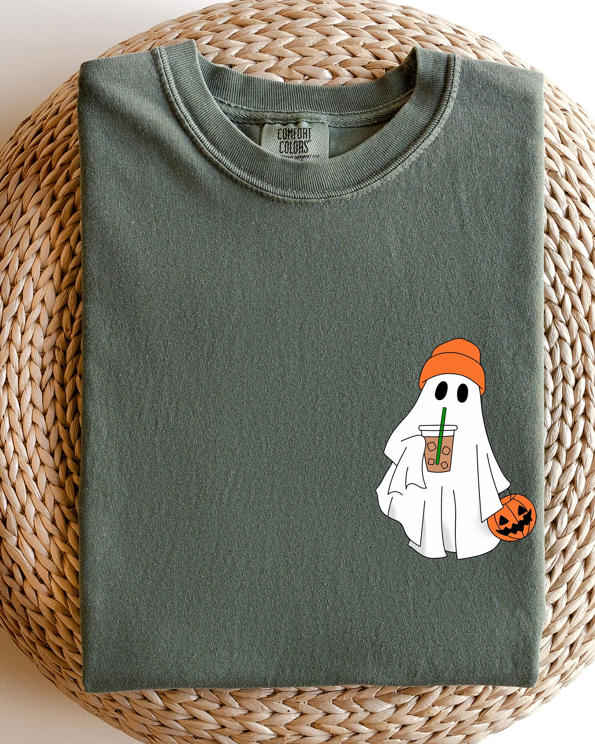 Cute Skater Ghost, Pocket Print, Halloween, Coffee, Trick or Treat Shirt Comfort Colors T-Shirt sold by Refinery Number One