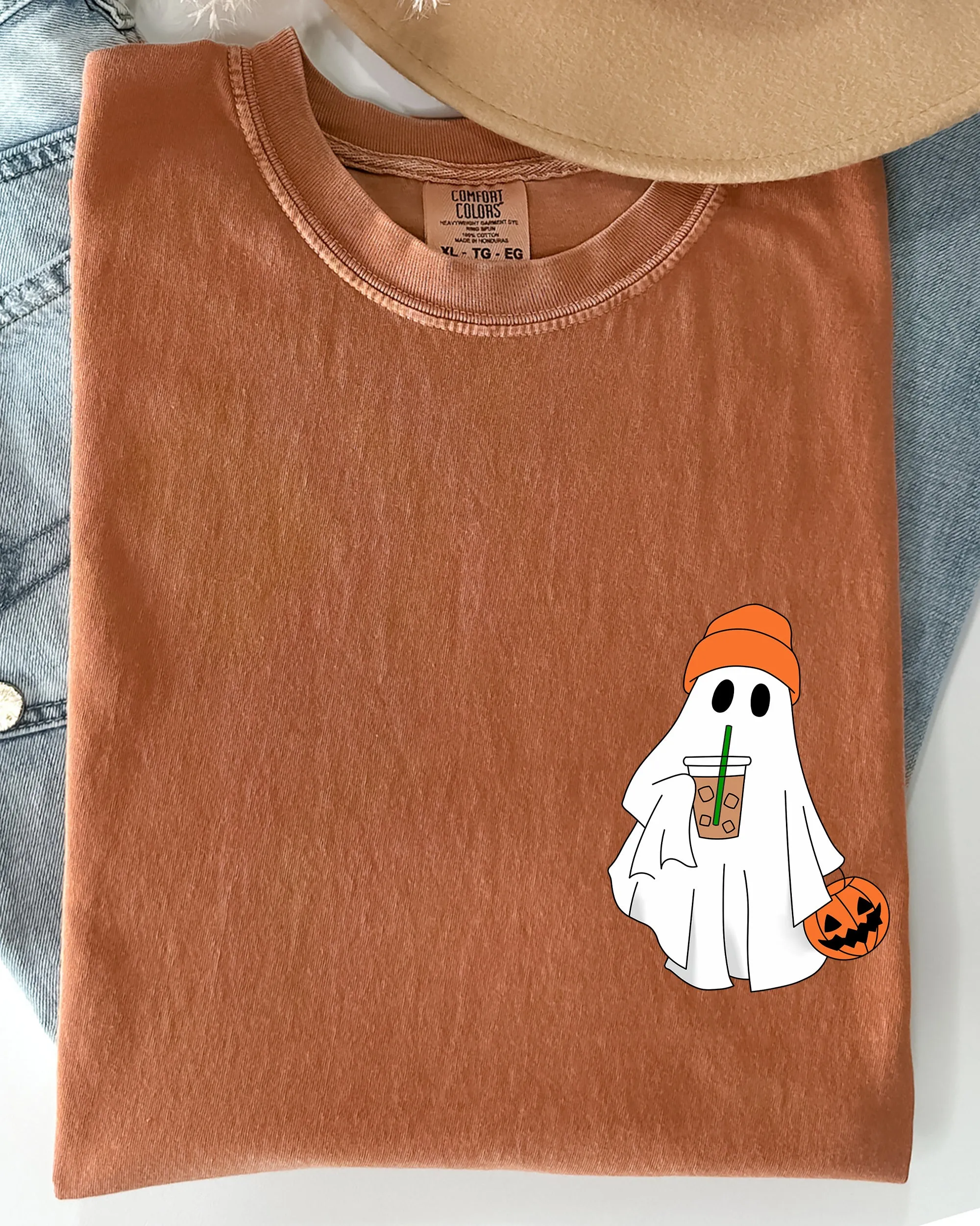 Cute Skater Ghost, Pocket Print, Halloween, Coffee, Trick or Treat Shirt Comfort Colors T-Shirt sold by Refinery Number One product image thumbnail 2