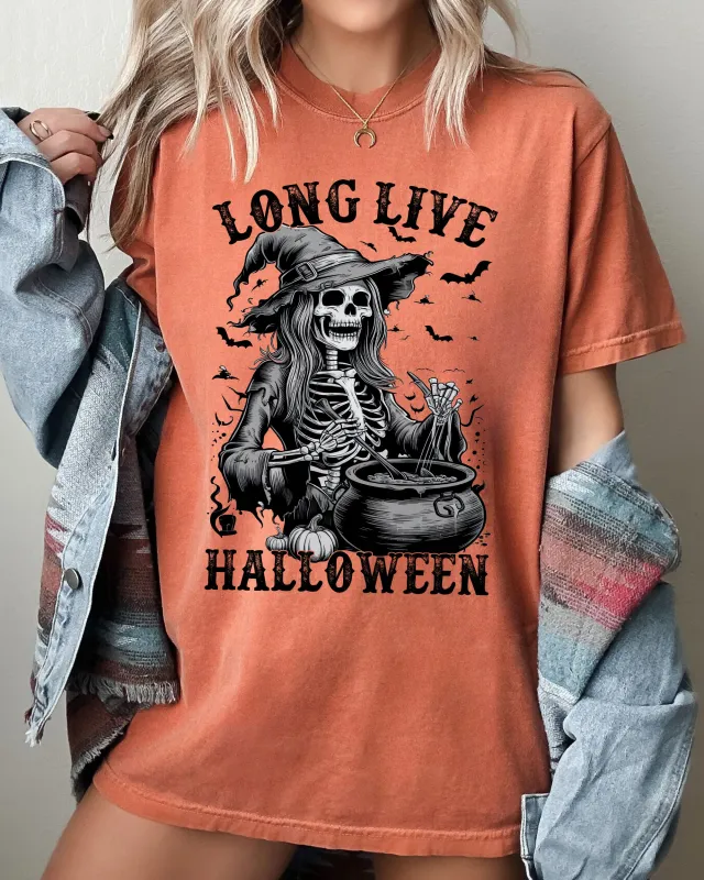 Long Live Halloween, Witch Skeleton, Bats, Spooky, Zombie Shirt Comfort Colors T-Shirt sold by Refinery Number One
