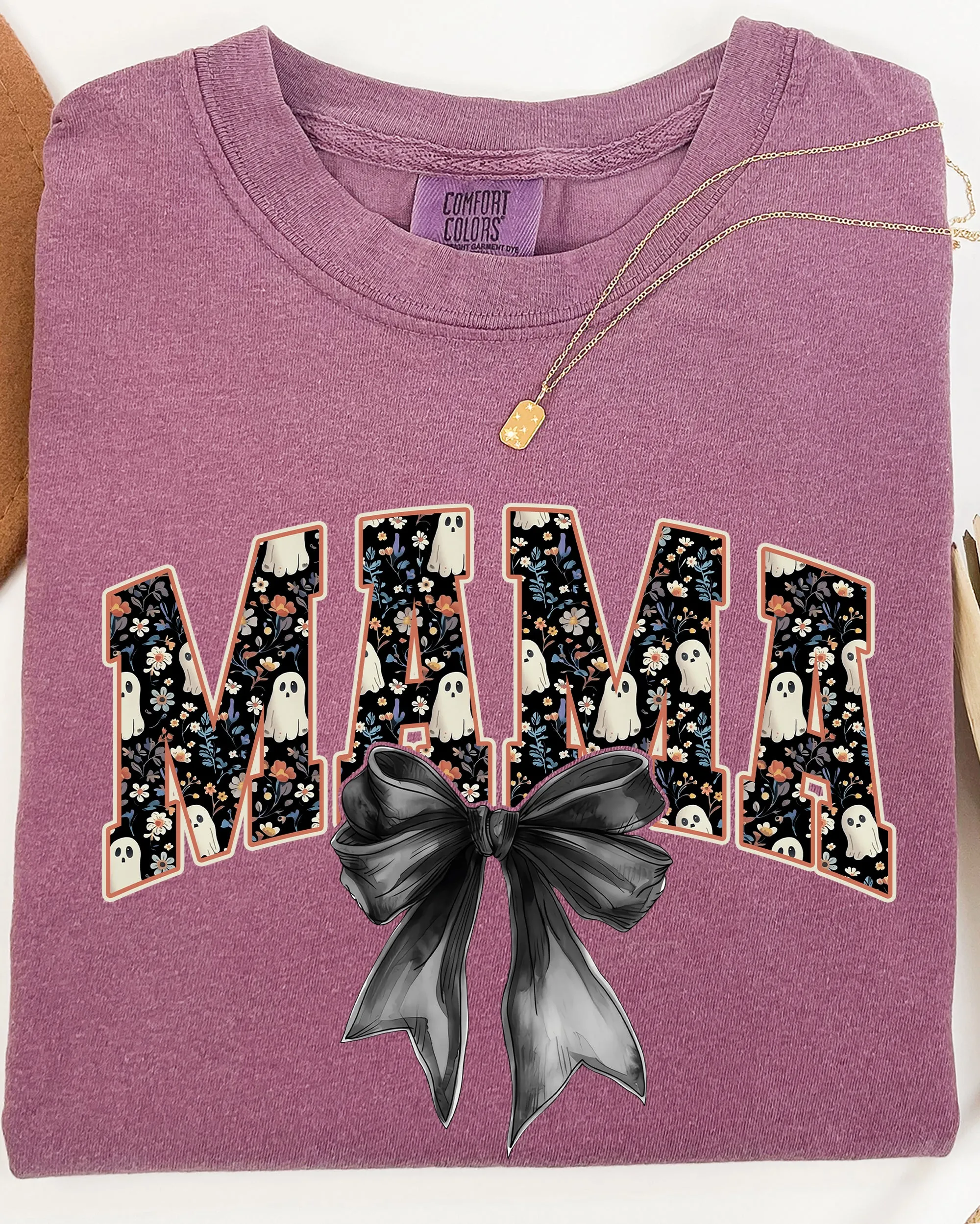 Mama, Halloween, Bow, Ribbon, Goth, Spooky, Witch, Varsity, Collegiate Shirt Comfort Colors T-Shirt sold by Refinery Number One product image thumbnail 4