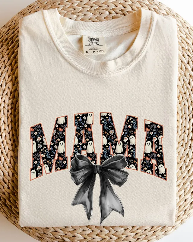 Mama, Halloween, Bow, Ribbon, Goth, Spooky, Witch, Varsity, Collegiate Shirt Comfort Colors T-Shirt sold by Refinery Number One