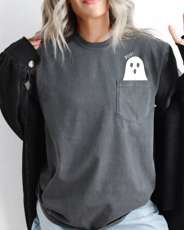 Boo Ghost Halloween Pocket, Cute, Skeleton, Ghost Tee Comfort Colors T-Shirt sold by Refinery Number One