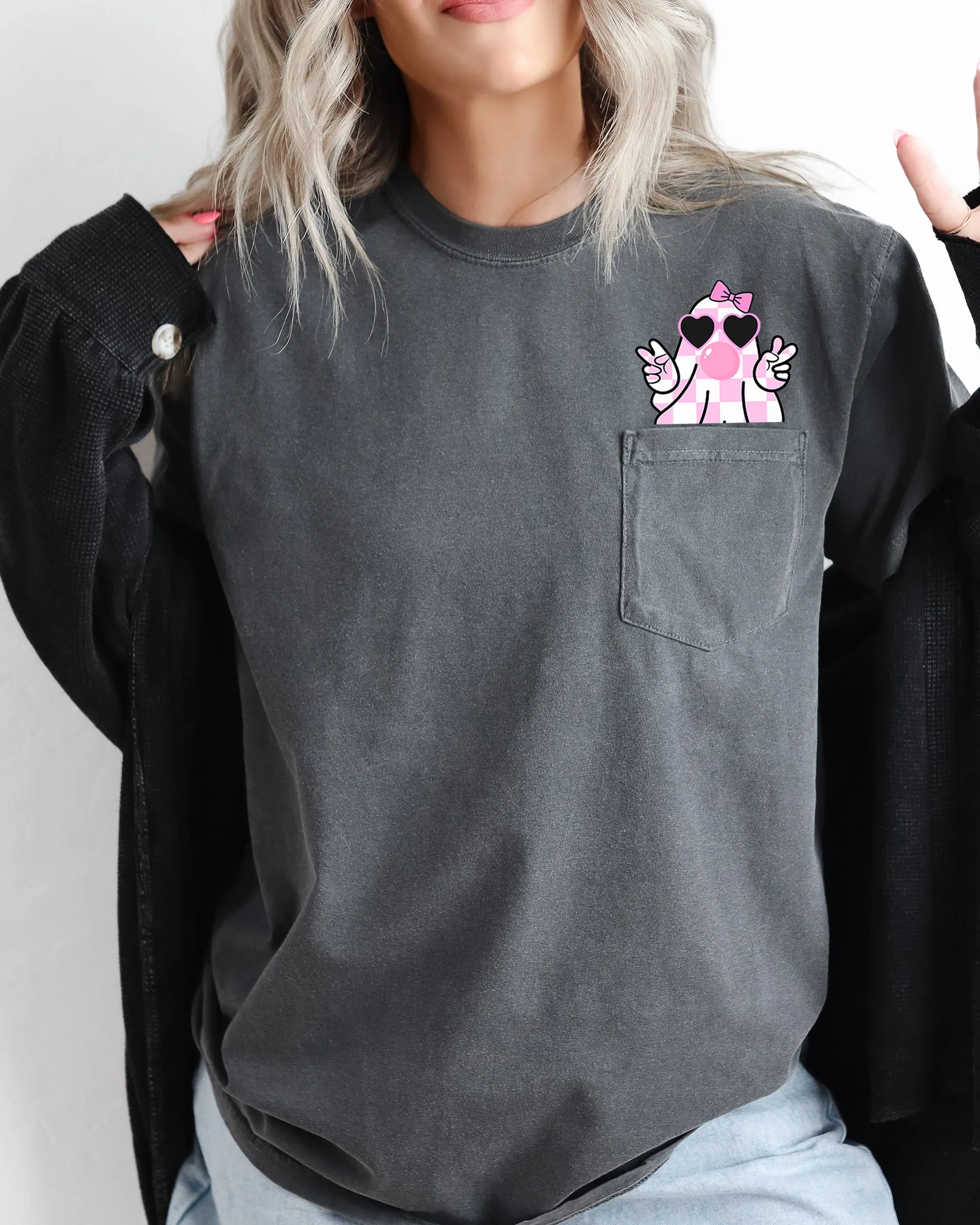 Cute Pink Bubblegum Ghost, Pocket, Halloween, Peace, Bow, Ribbon Tee Comfort Colors T-Shirt sold by Refinery Number One product image thumbnail 2