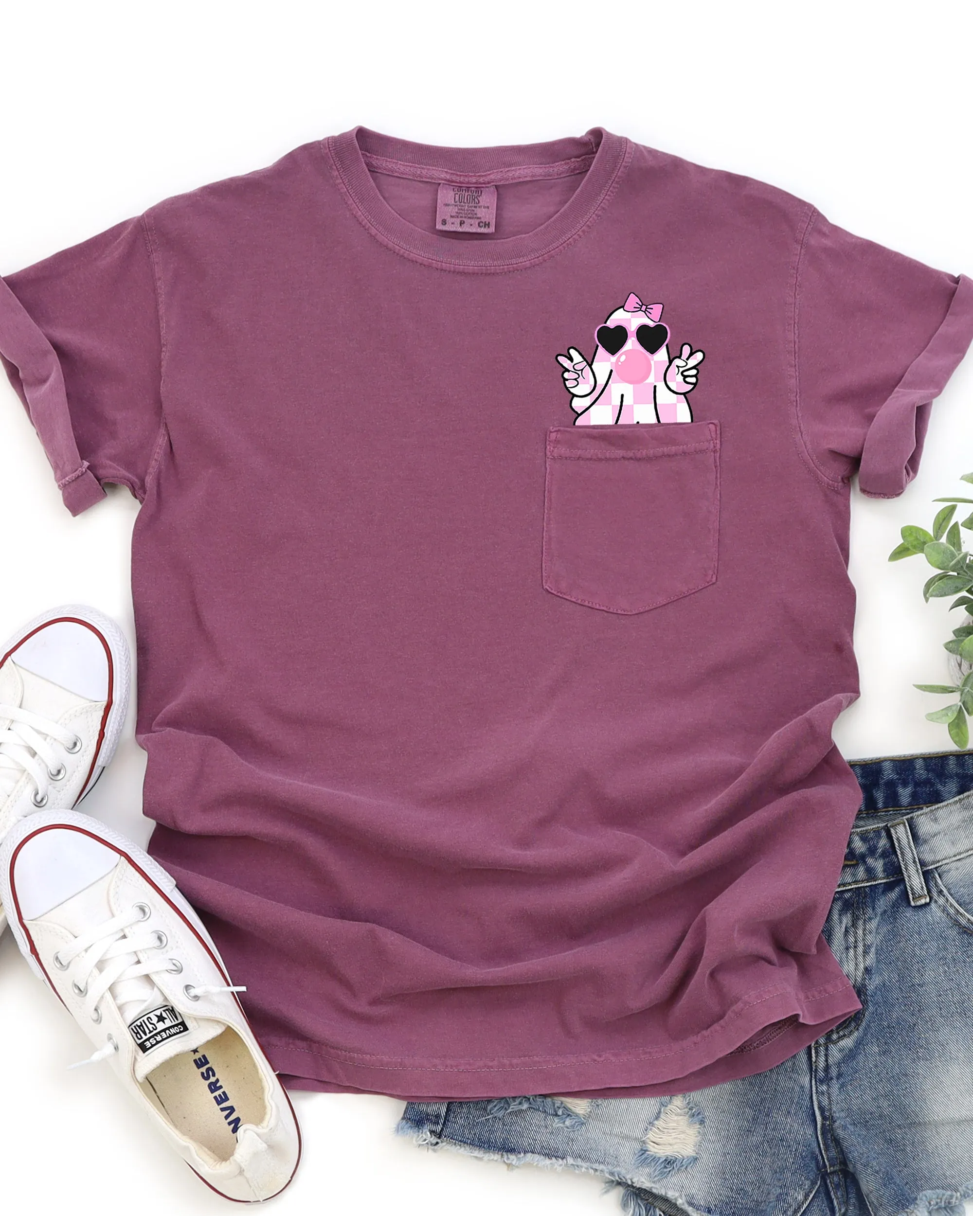 Cute Pink Bubblegum Ghost, Pocket, Halloween, Peace, Bow, Ribbon Tee Comfort Colors T-Shirt sold by Refinery Number One product image thumbnail 5