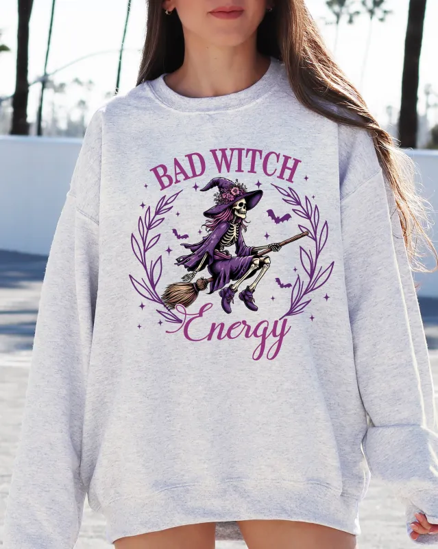 Bad Witch Energy, Funny, Halloween, Broom, Skeleton, Spooky Sweatshirt sold by Refinery Number One