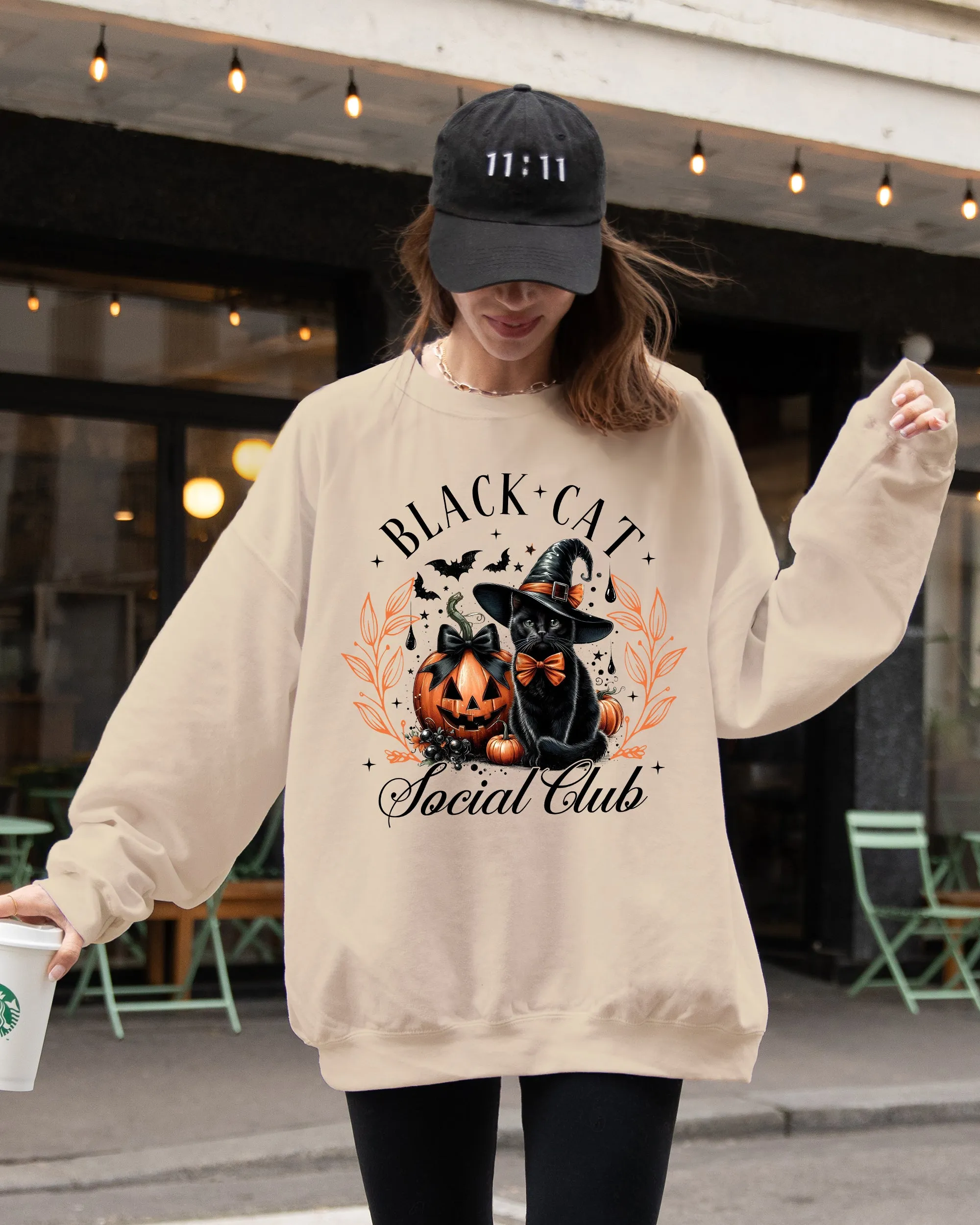Black Cat Social Club, Coquette, Halloween, Witch, Pumpkin, Jack-o-lantern Sweatshirt sold by Refinery Number One
