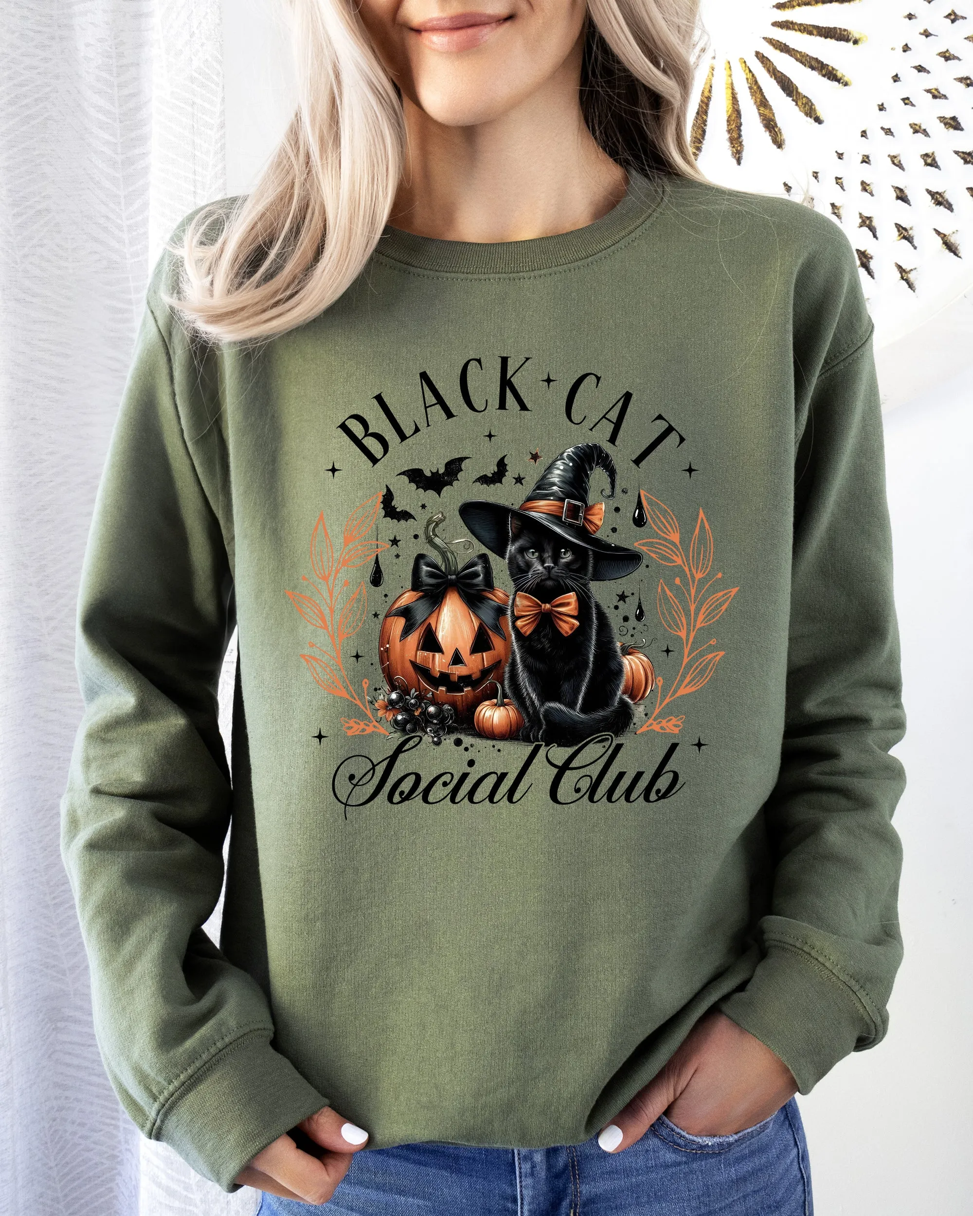 Black Cat Social Club, Coquette, Halloween, Witch, Pumpkin, Jack-o-lantern Sweatshirt sold by Refinery Number One product image thumbnail 4