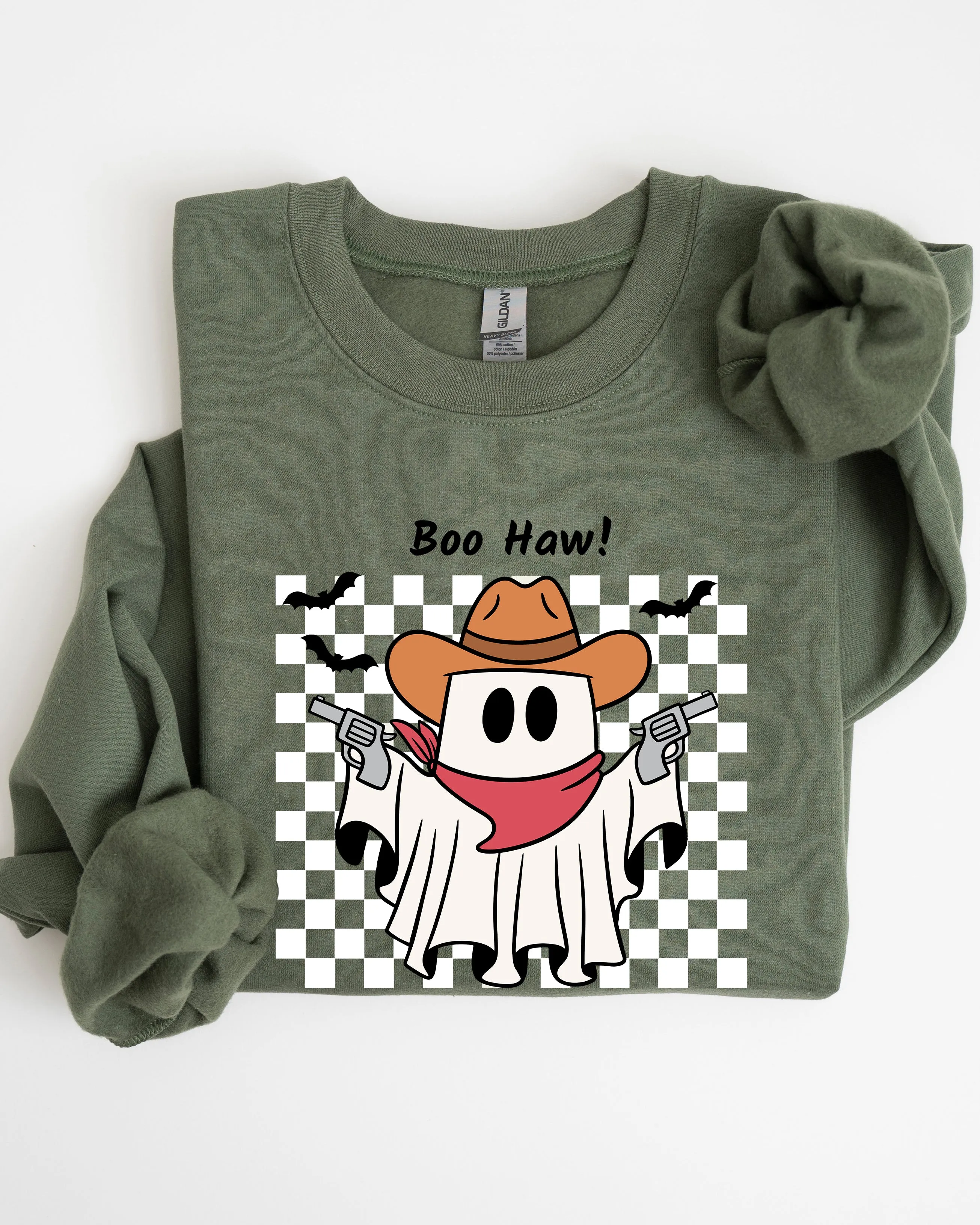Boo Haw, Cowboy Ghost, Checkered, Western, Halloween Sweatshirt sold by Refinery Number One product image thumbnail 2