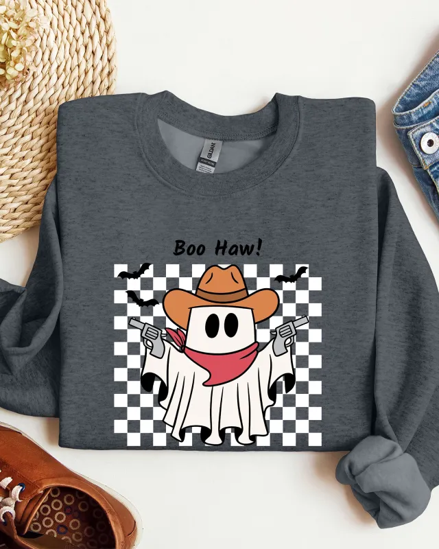 Boo Haw, Cowboy Ghost, Checkered, Western, Halloween Sweatshirt sold by Refinery Number One