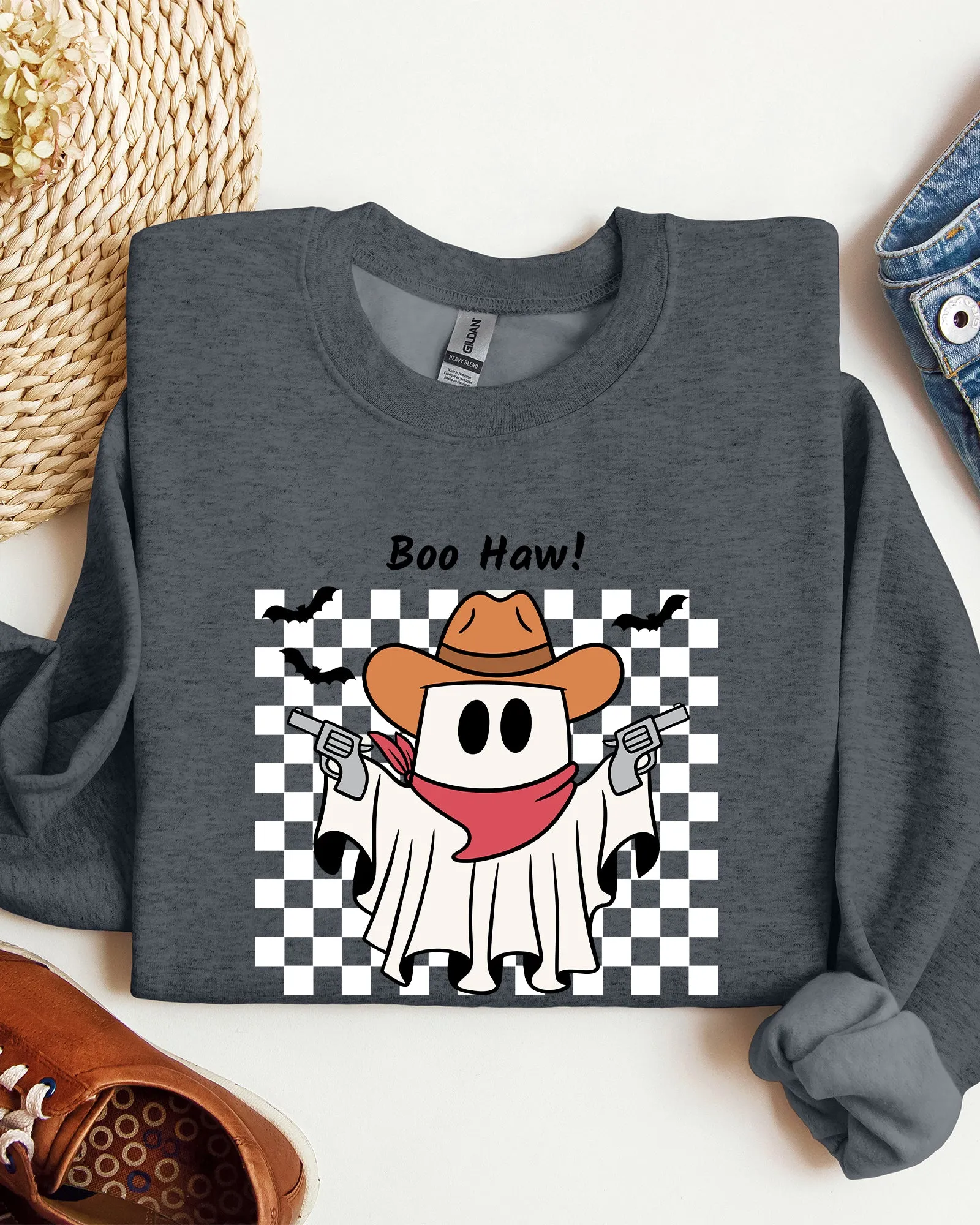Boo Haw, Cowboy Ghost, Checkered, Western, Halloween Sweatshirt sold by Refinery Number One