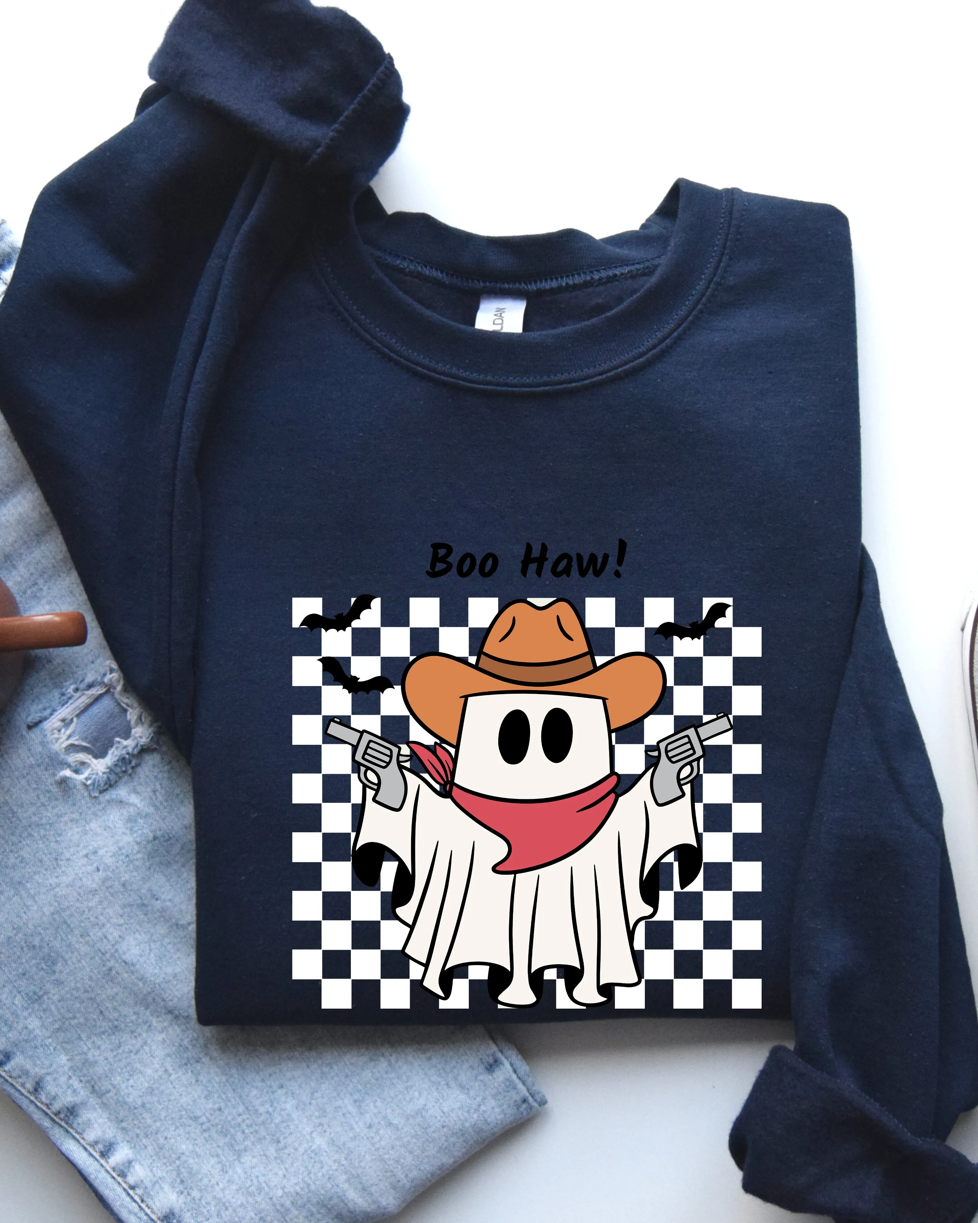 Boo Haw, Cowboy Ghost, Checkered, Western, Halloween Sweatshirt sold by Refinery Number One product image thumbnail 5