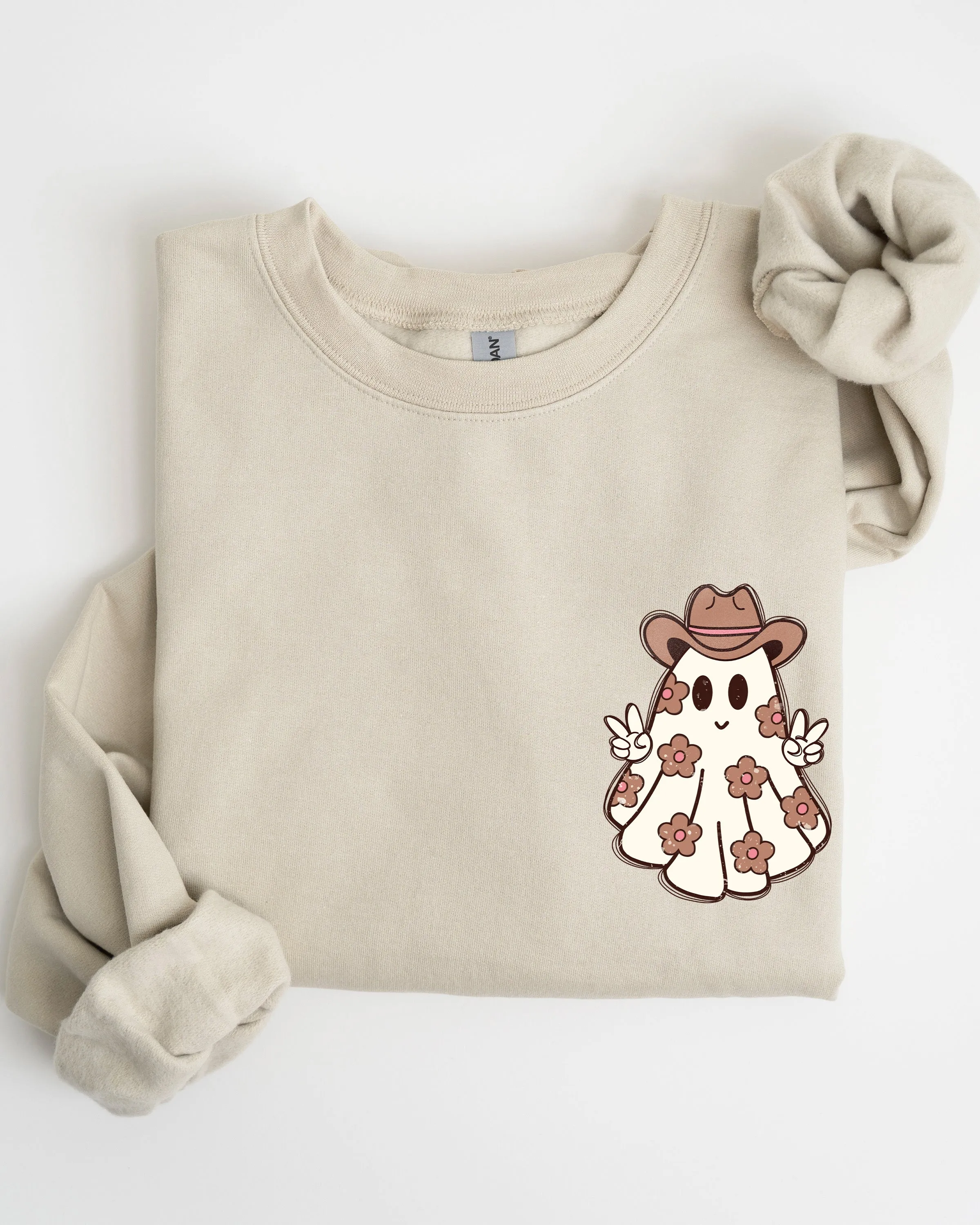 Cute Flower Ghost, Cowboy, Cowgirl, Pocket Print, Halloween, Peace Sweatshirt sold by Refinery Number One