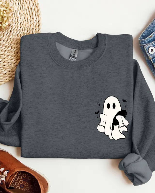 Cute Ghost With Cat, Pocket Print, Halloween, Black Cat, Witch Sweatshirt sold by Refinery Number One