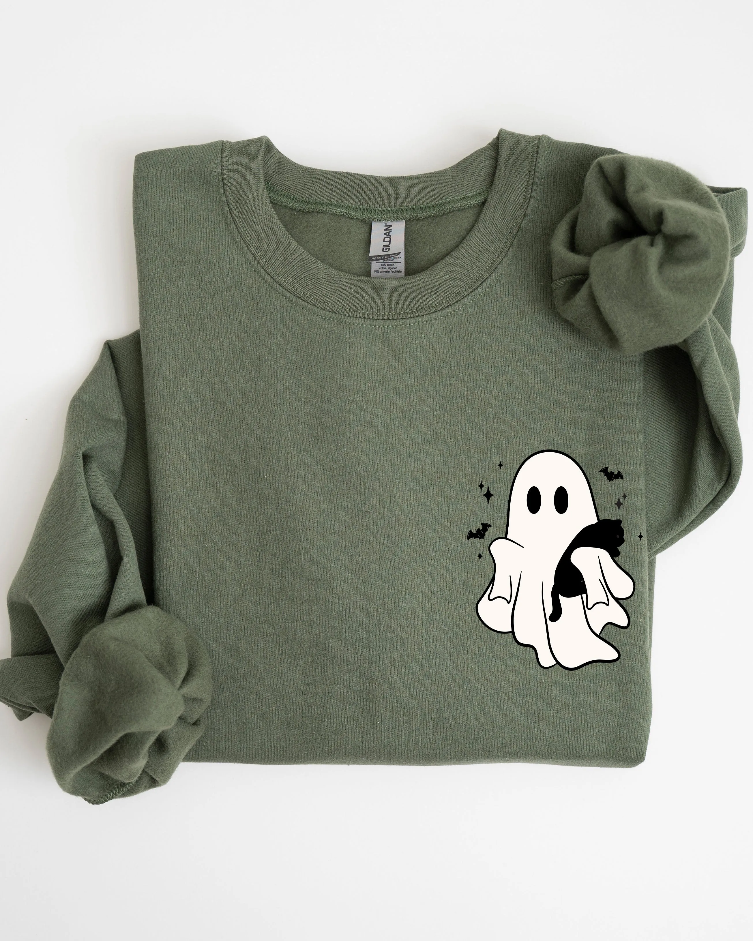 Cute Ghost With Cat, Pocket Print, Halloween, Black Cat, Witch Sweatshirt sold by Refinery Number One product image thumbnail 3