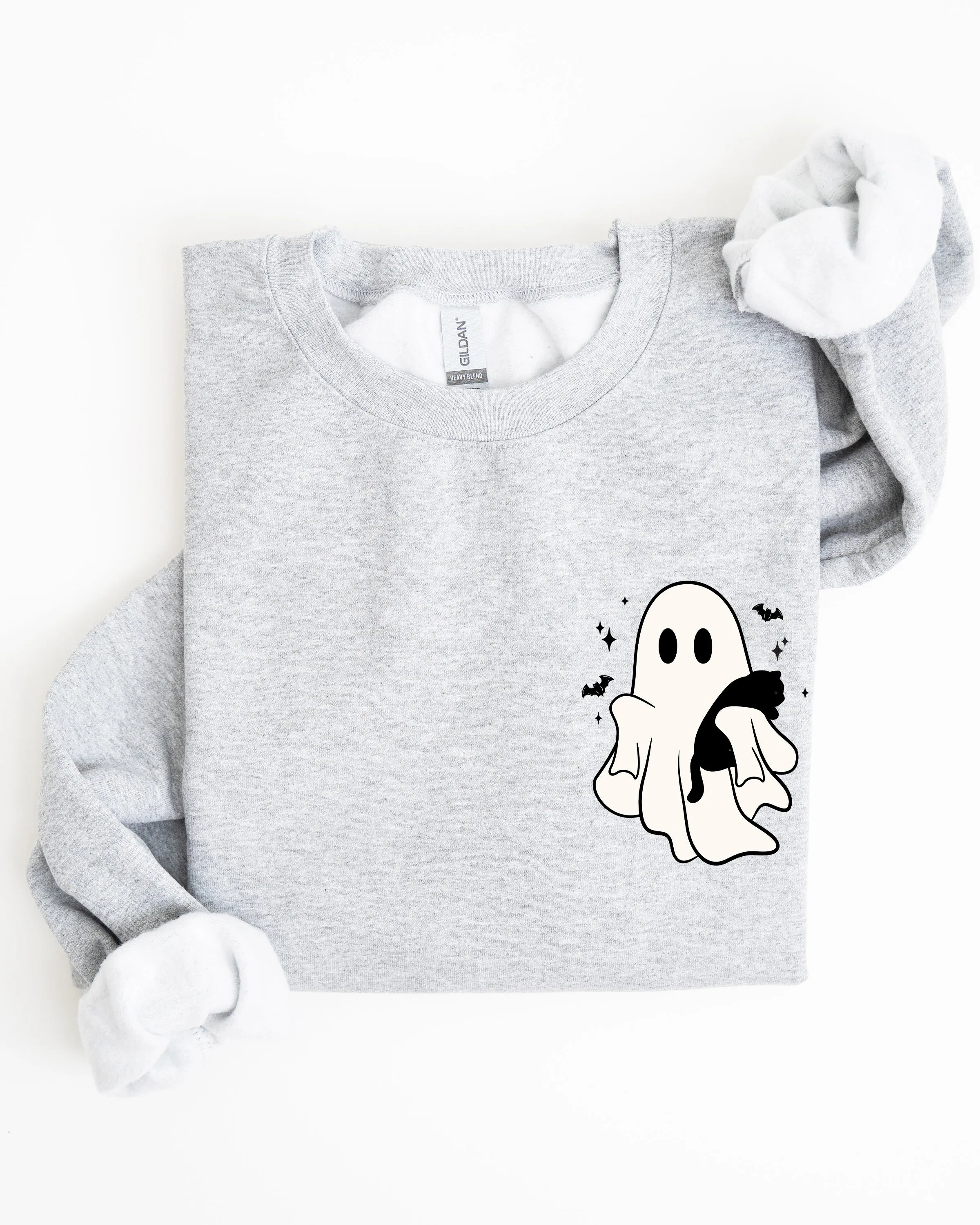 Cute Ghost With Cat, Pocket Print, Halloween, Black Cat, Witch Sweatshirt sold by Refinery Number One product image thumbnail 2