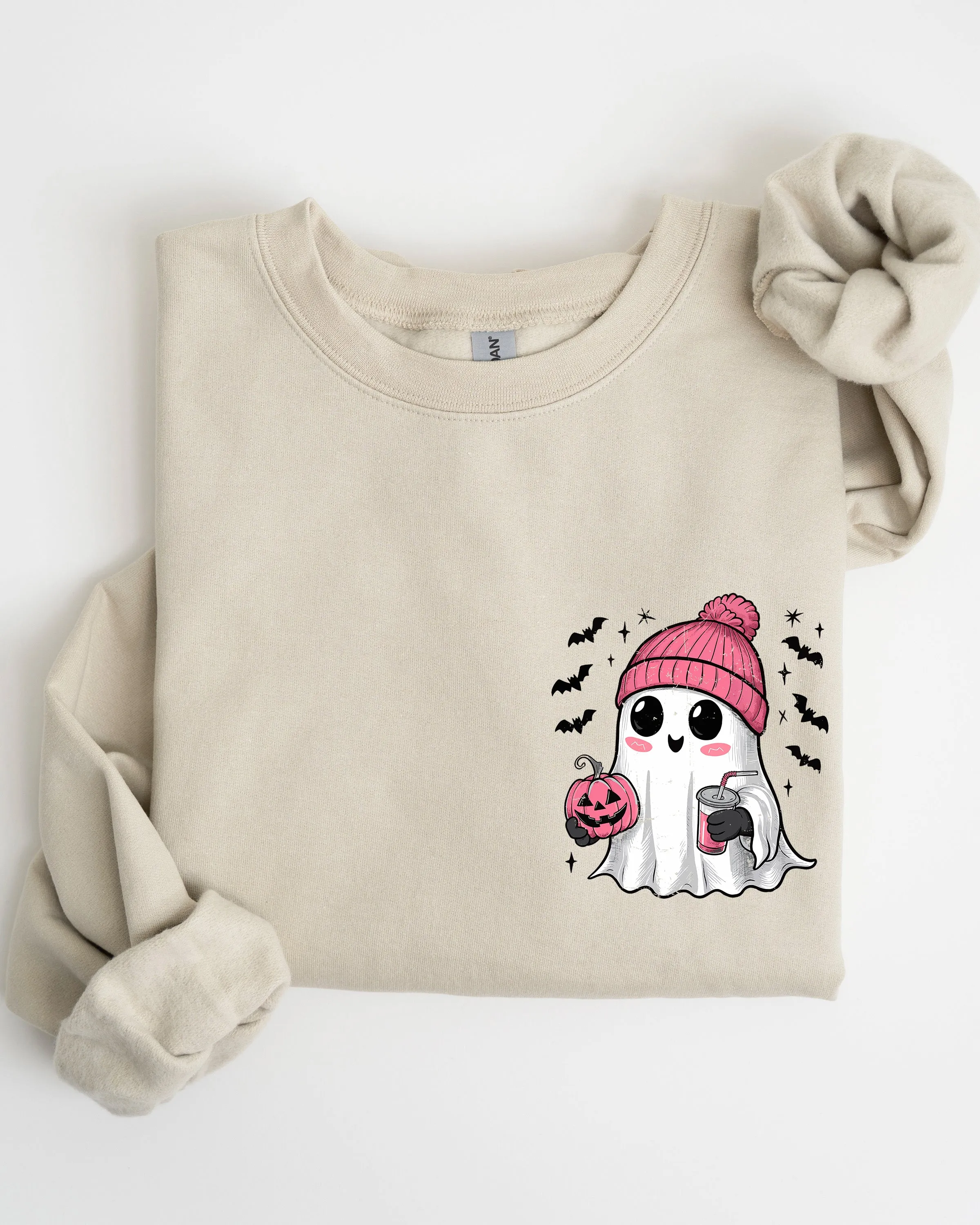Cute Pink Ghost, Pocket Print, Halloween, Coffee, Bats Sweatshirt sold by Refinery Number One product image thumbnail 3