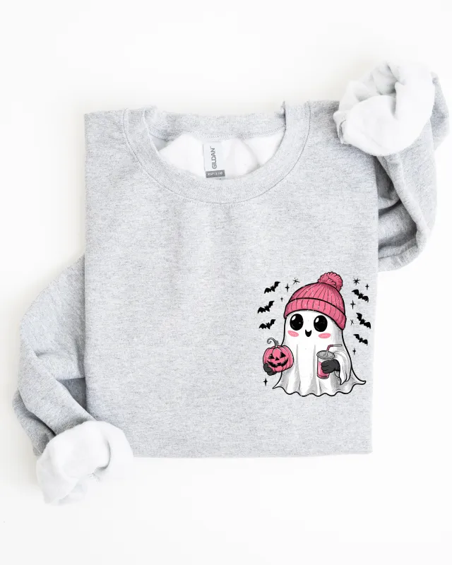 Cute Pink Ghost, Pocket Print, Halloween, Coffee, Bats Sweatshirt sold by Refinery Number One