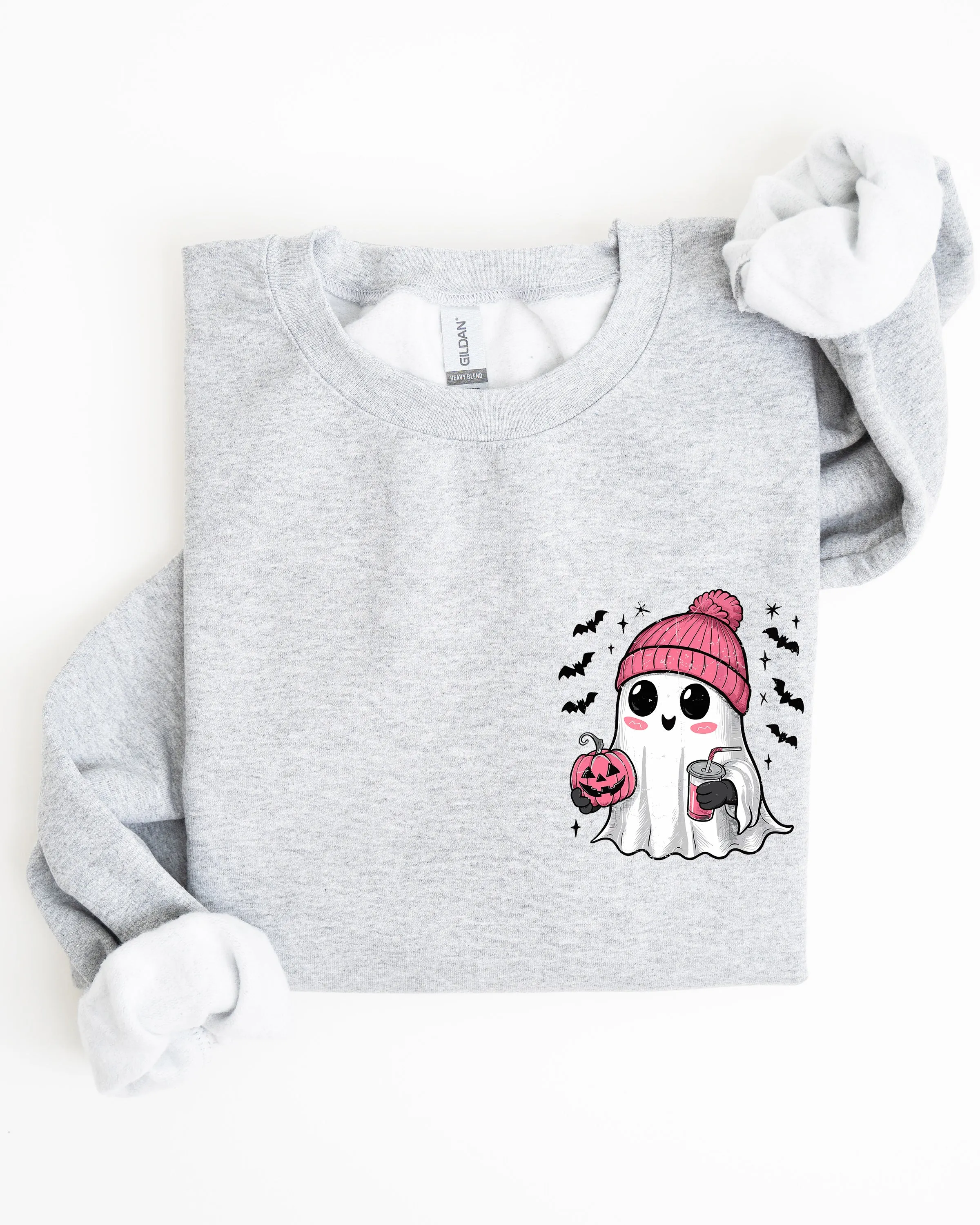 Cute Pink Ghost, Pocket Print, Halloween, Coffee, Bats Sweatshirt sold by Refinery Number One