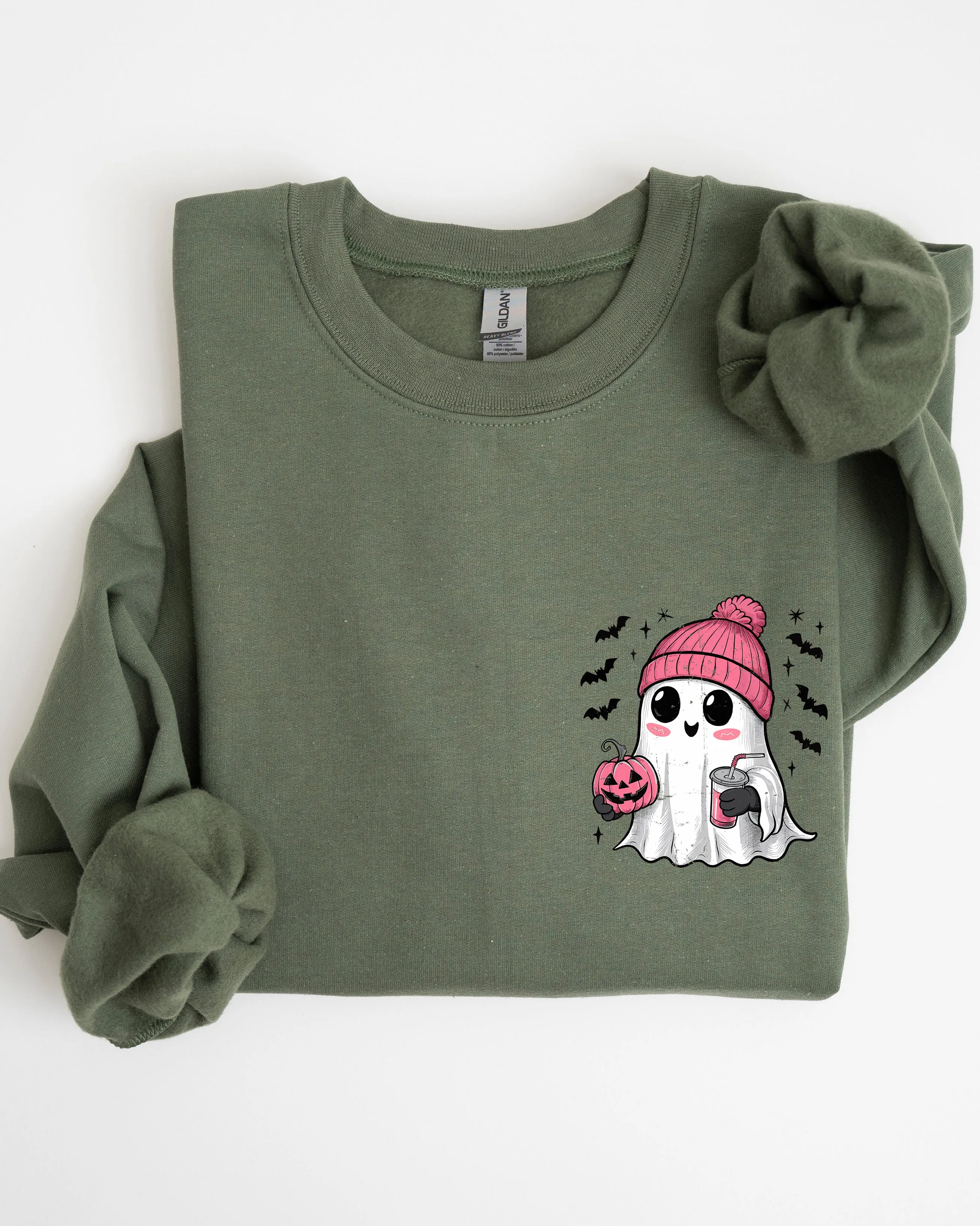 Cute Pink Ghost, Pocket Print, Halloween, Coffee, Bats Sweatshirt sold by Refinery Number One product image thumbnail 5