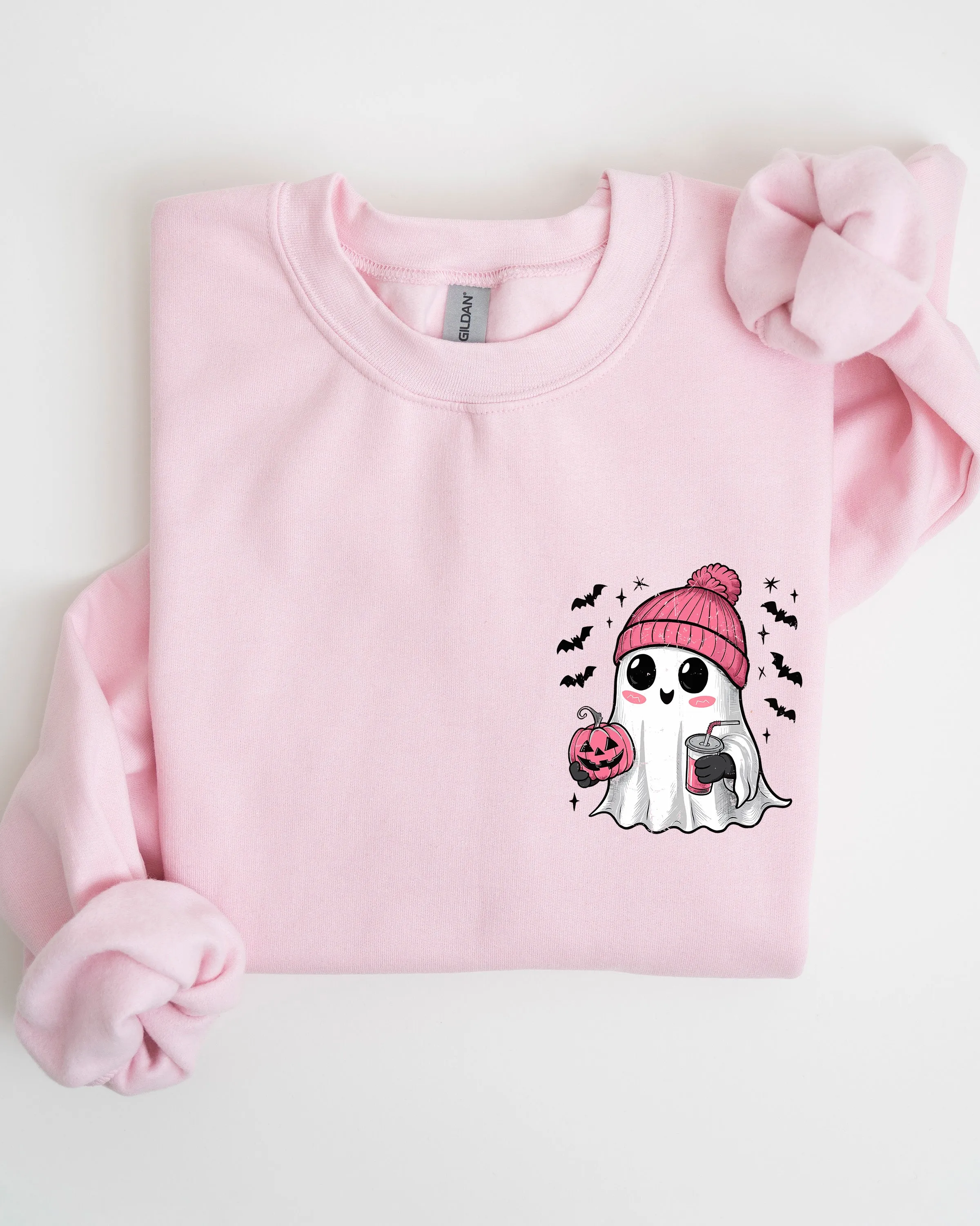 Cute Pink Ghost, Pocket Print, Halloween, Coffee, Bats Sweatshirt sold by Refinery Number One product image thumbnail 4