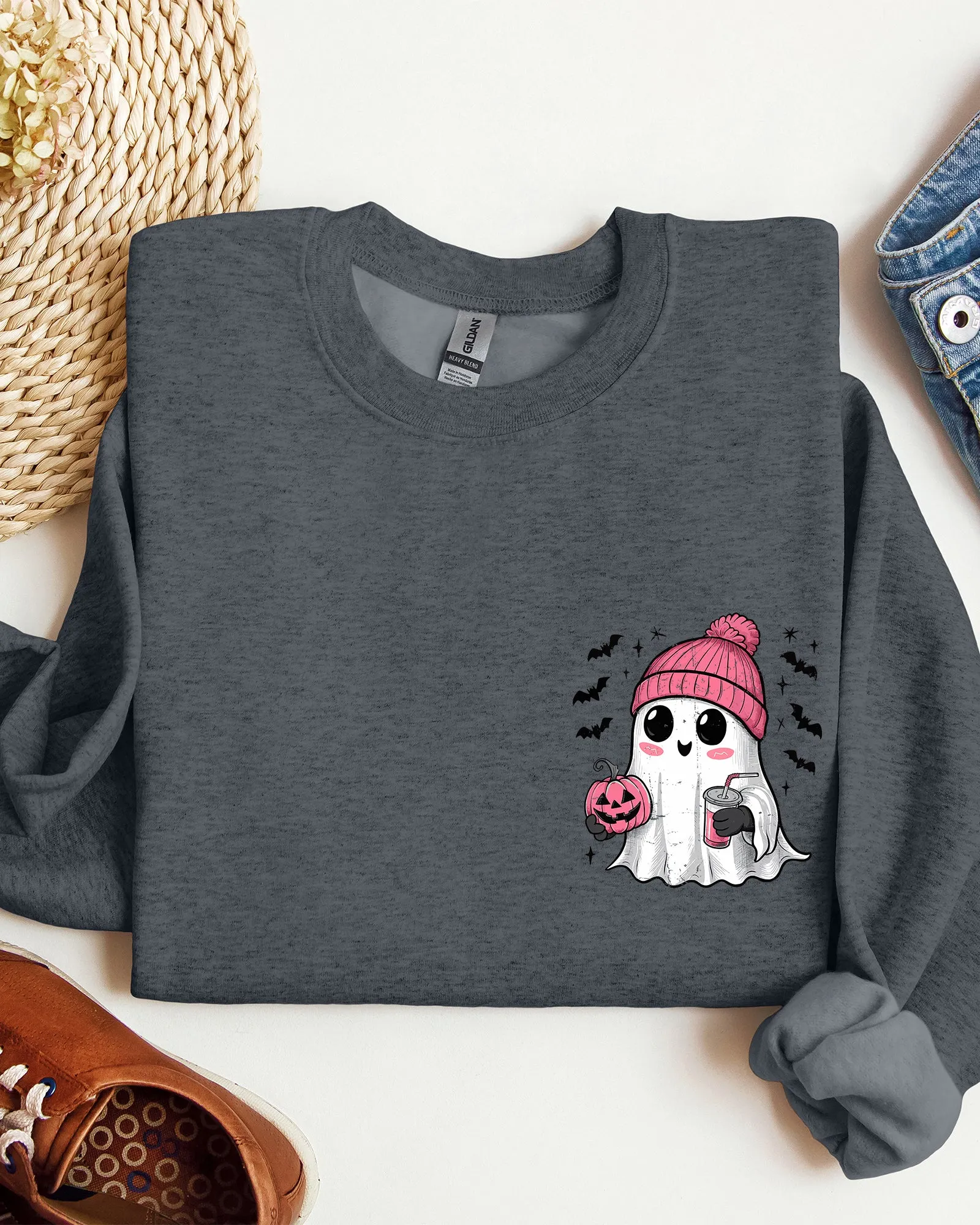 Cute Pink Ghost, Pocket Print, Halloween, Coffee, Bats Sweatshirt sold by Refinery Number One product image thumbnail 2