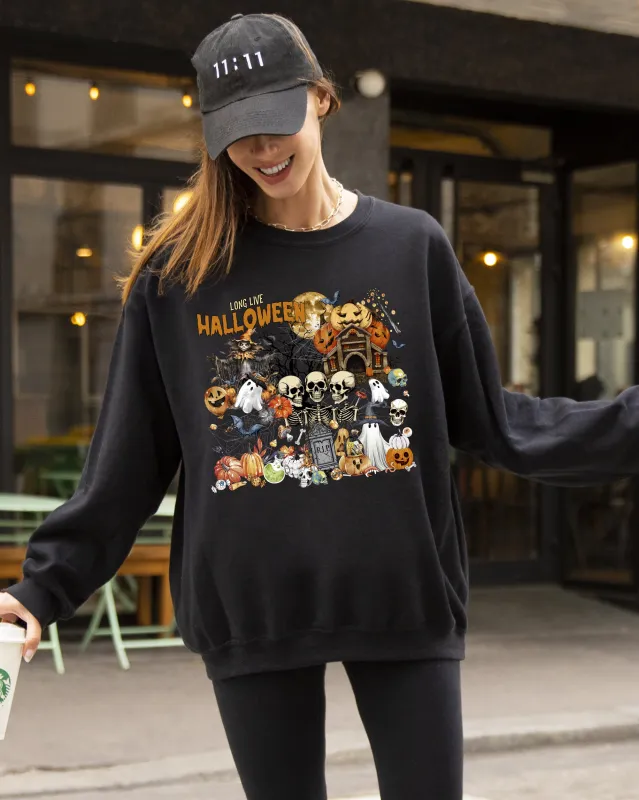 Long Live Halloween, Spooky Scene, Witch, Skeleton, Ghost, Haunted Sweatshirt sold by Refinery Number One