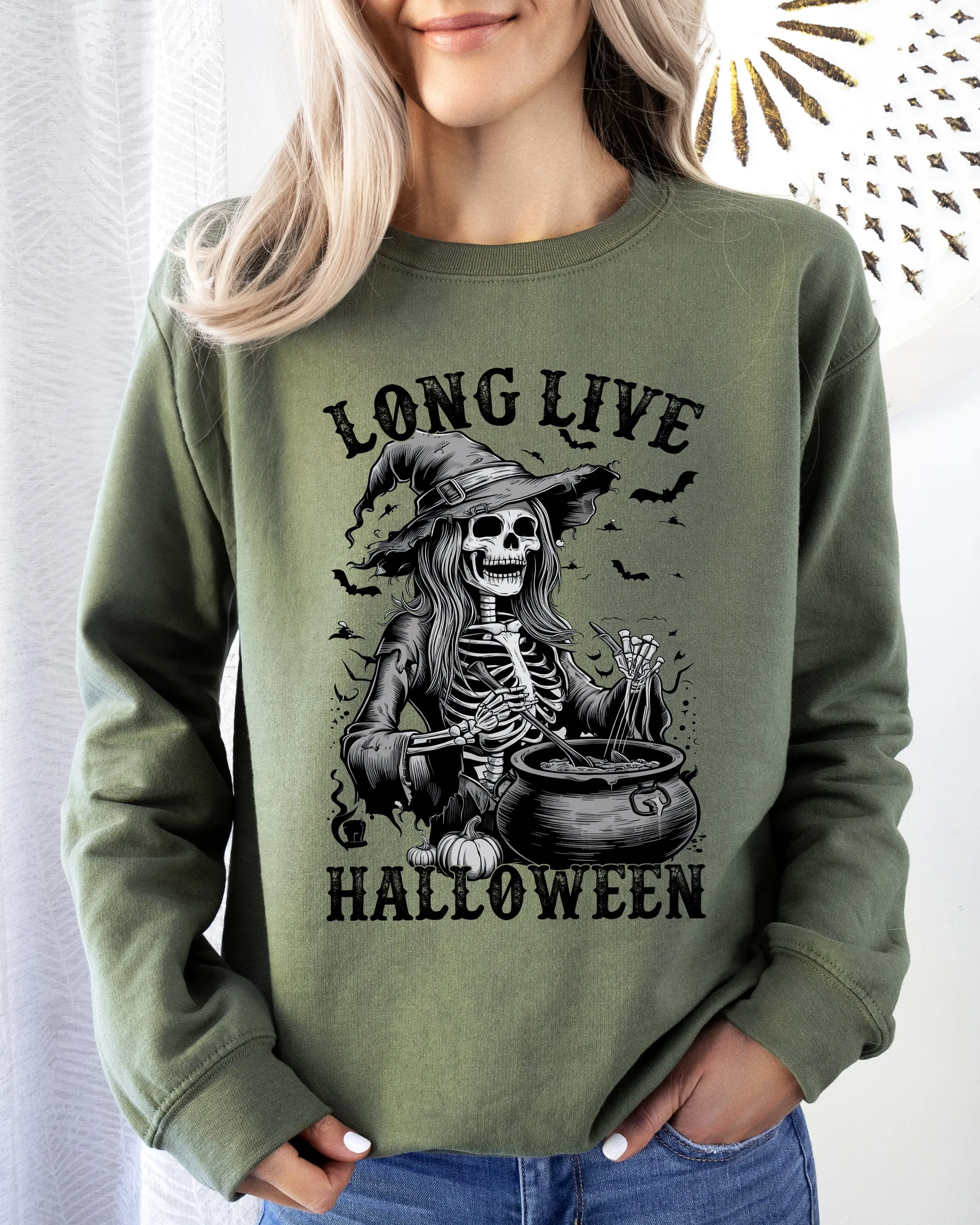 Long Live Halloween, Witch Skeleton, Bats, Spooky, Zombie Sweatshirt sold by Refinery Number One product image thumbnail 4