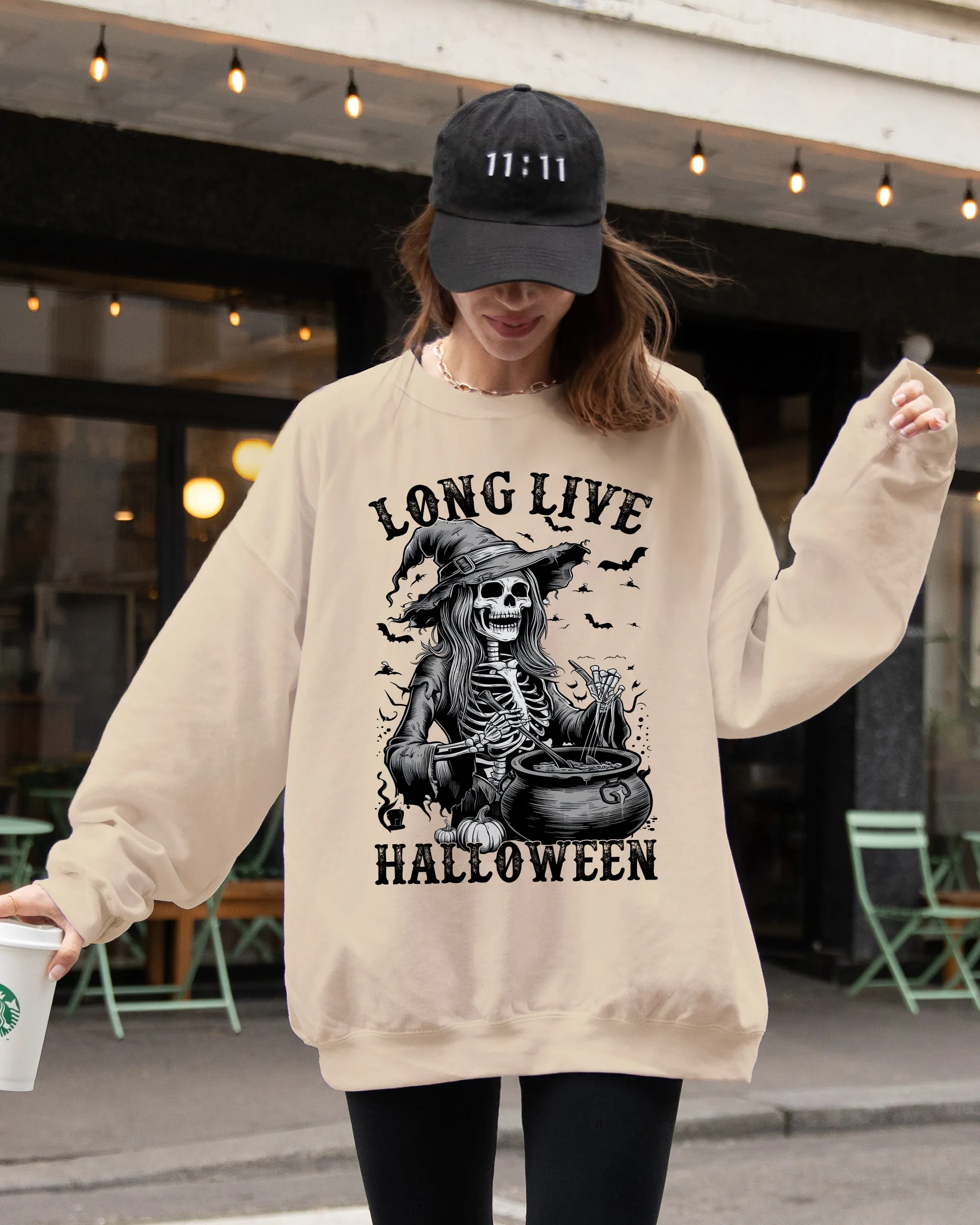 Long Live Halloween, Witch Skeleton, Bats, Spooky, Zombie Sweatshirt sold by Refinery Number One product image thumbnail 2
