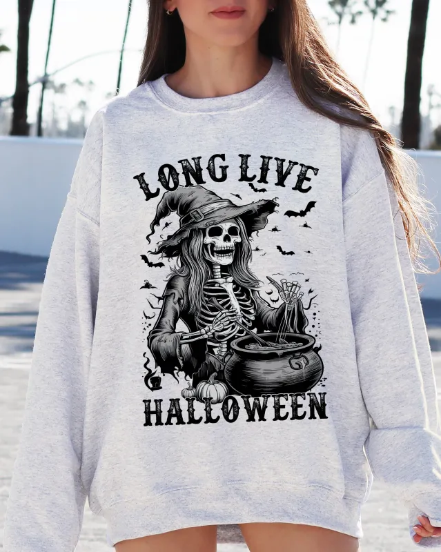 Long Live Halloween, Witch Skeleton, Bats, Spooky, Zombie Sweatshirt sold by Refinery Number One