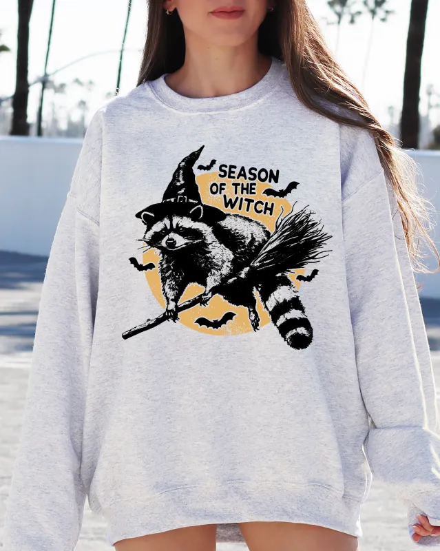 Season Of The Witch, Cute Raccoon, Halloween, Meme, Bats, Moon, Spooky, Feral Sweatshirt sold by Refinery Number One
