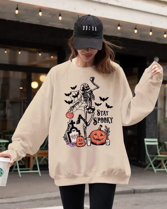 Stay Spooky, Skeleton Dancing, Halloween, Jack-o-lantern Sweatshirt sold by Refinery Number One