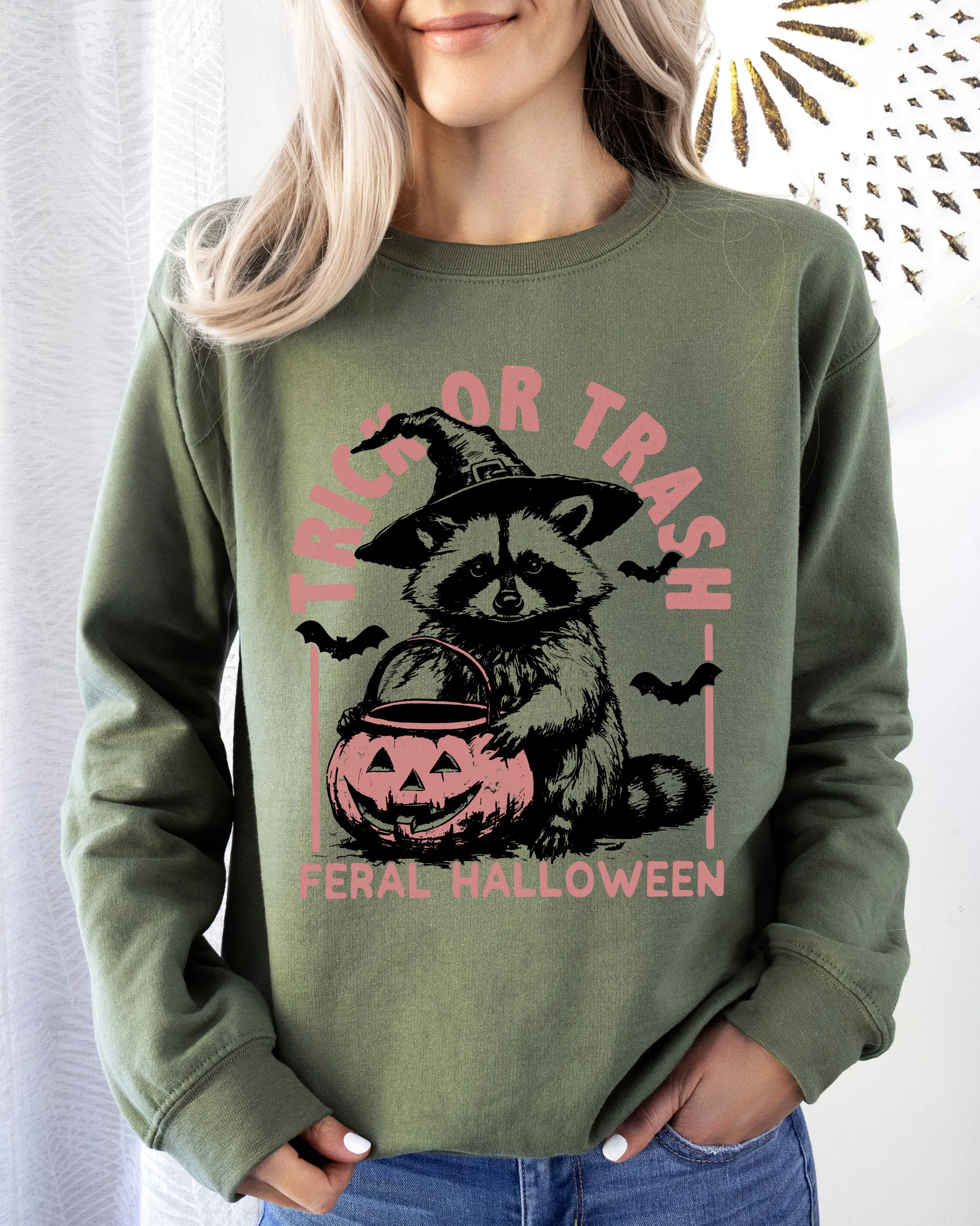Trick or Trash, Feral Halloween, Raccoon, Trick Or Treat, Funny, Meme, Witch, Costume Sweatshirt sold by Refinery Number One product image thumbnail 4