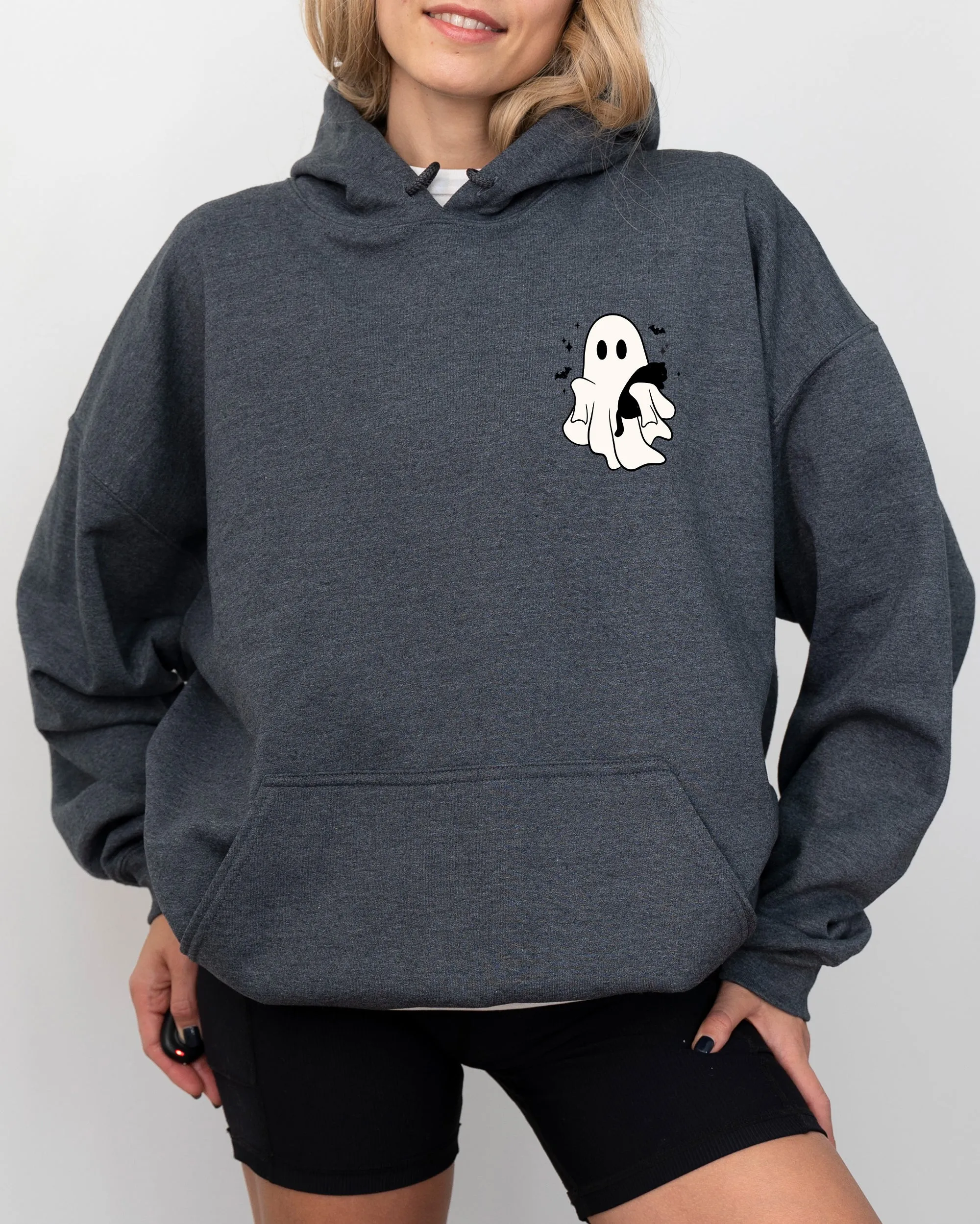 Cute Ghost With Cat, Pocket Print, Halloween, Black Cat, Witch Hooded Sweatshirt sold by Refinery Number One product image thumbnail 2