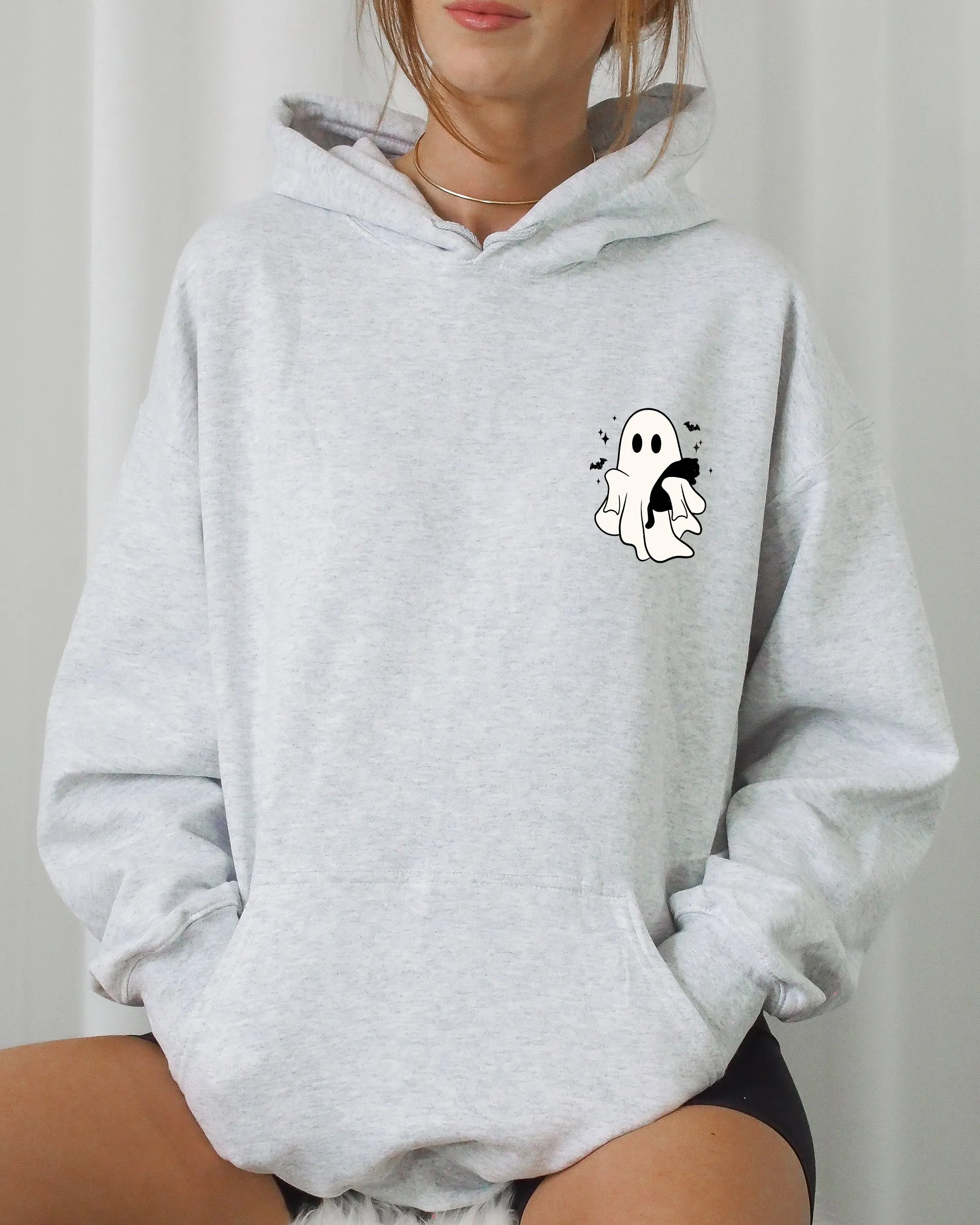 Cute Ghost With Cat, Pocket Print, Halloween, Black Cat, Witch Hooded Sweatshirt sold by Refinery Number One