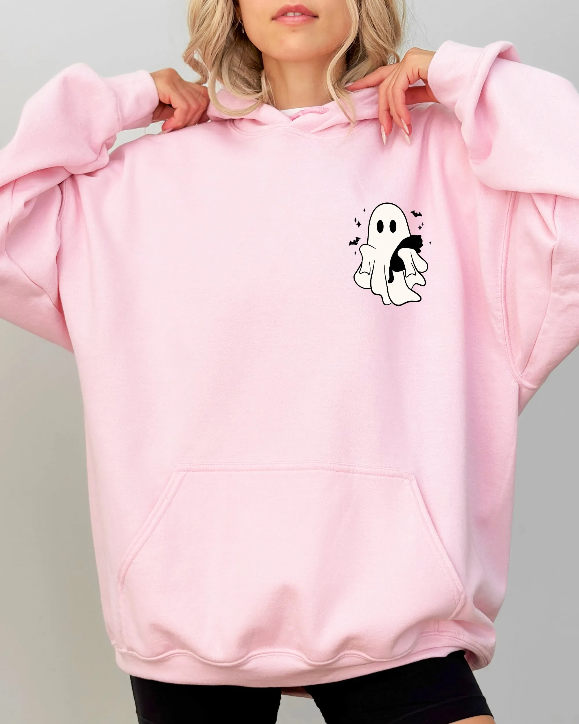 Cute Ghost With Cat, Pocket Print, Halloween, Black Cat, Witch Hooded Sweatshirt sold by Refinery Number One product image thumbnail 3