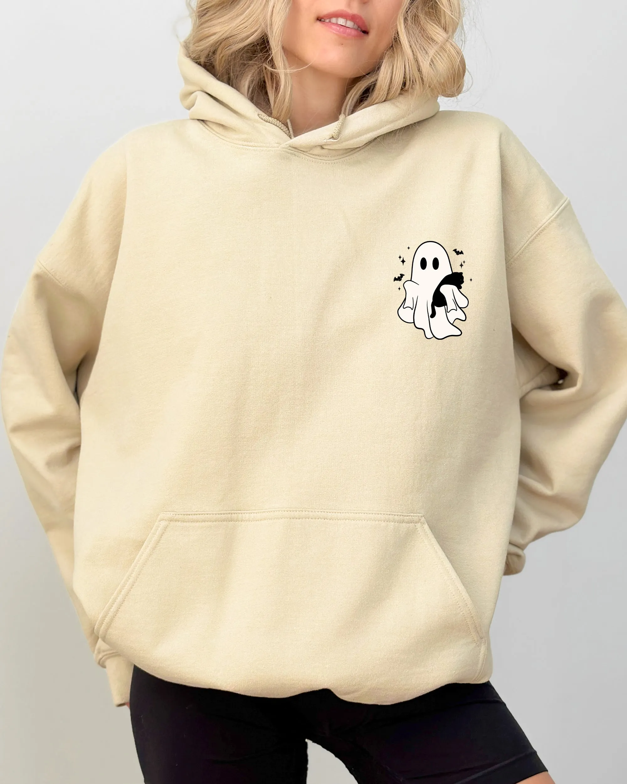 Cute Ghost With Cat, Pocket Print, Halloween, Black Cat, Witch Hooded Sweatshirt sold by Refinery Number One product image thumbnail 5