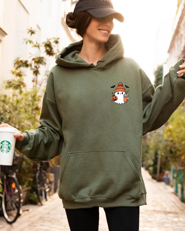 Cute Orange Ghost, Pocket Print, Halloween, Coffee, Bats Hooded Sweatshirt made by Refinery Number One