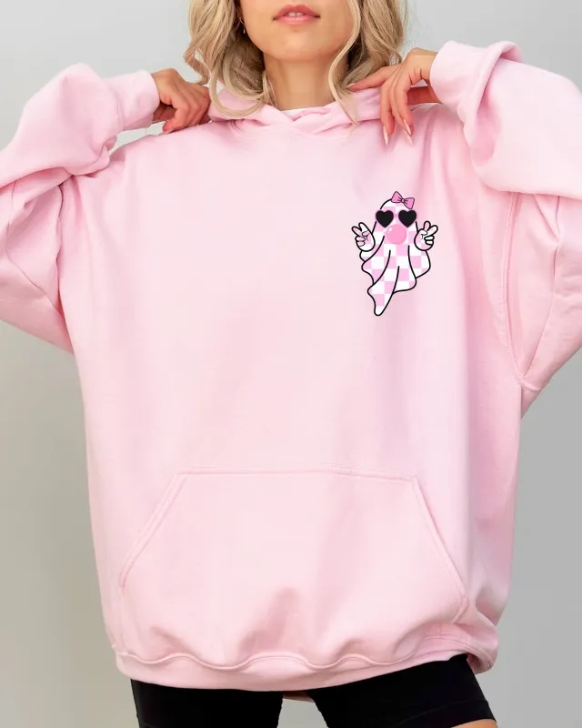 Cute Pink Bubblegum Ghost, Pocket print, Halloween, Peace, Bow, Ribbon Hooded Sweatshirt sold by Refinery Number One