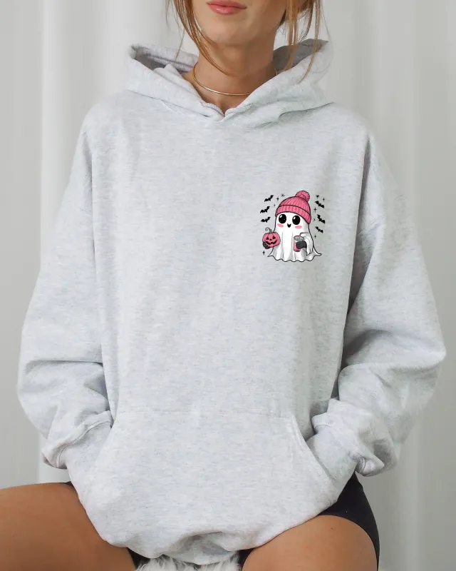Cute Pink Ghost, Pocket Print, Halloween, Coffee, Bats Hooded Sweatshirt sold by Refinery Number One